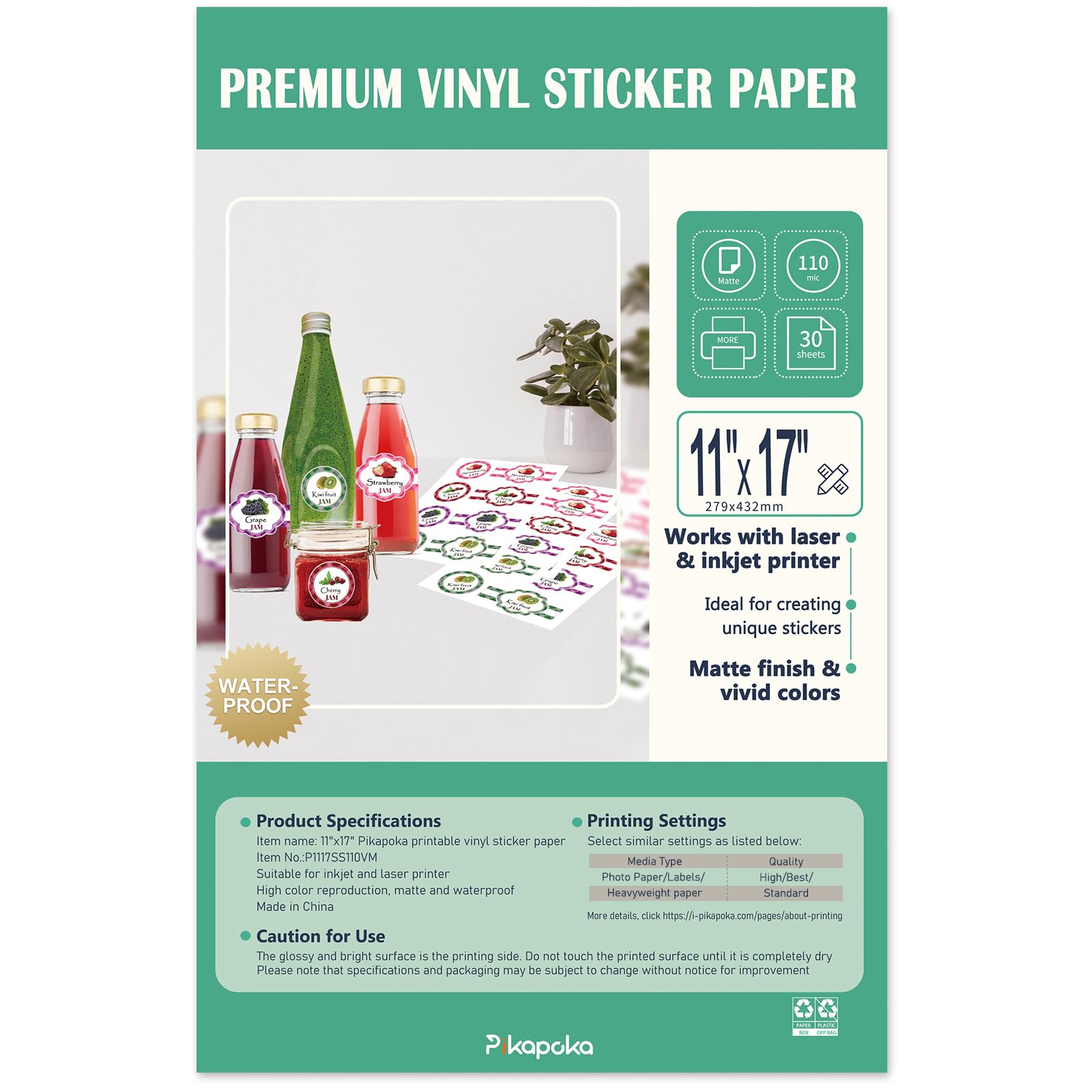 Pikapoka 11x17 Removable Self-Adhesive Vinyl Sticker Paper, Matte, 30 Pack, Waterproof, Suitable for Laser and Inkjet Printer