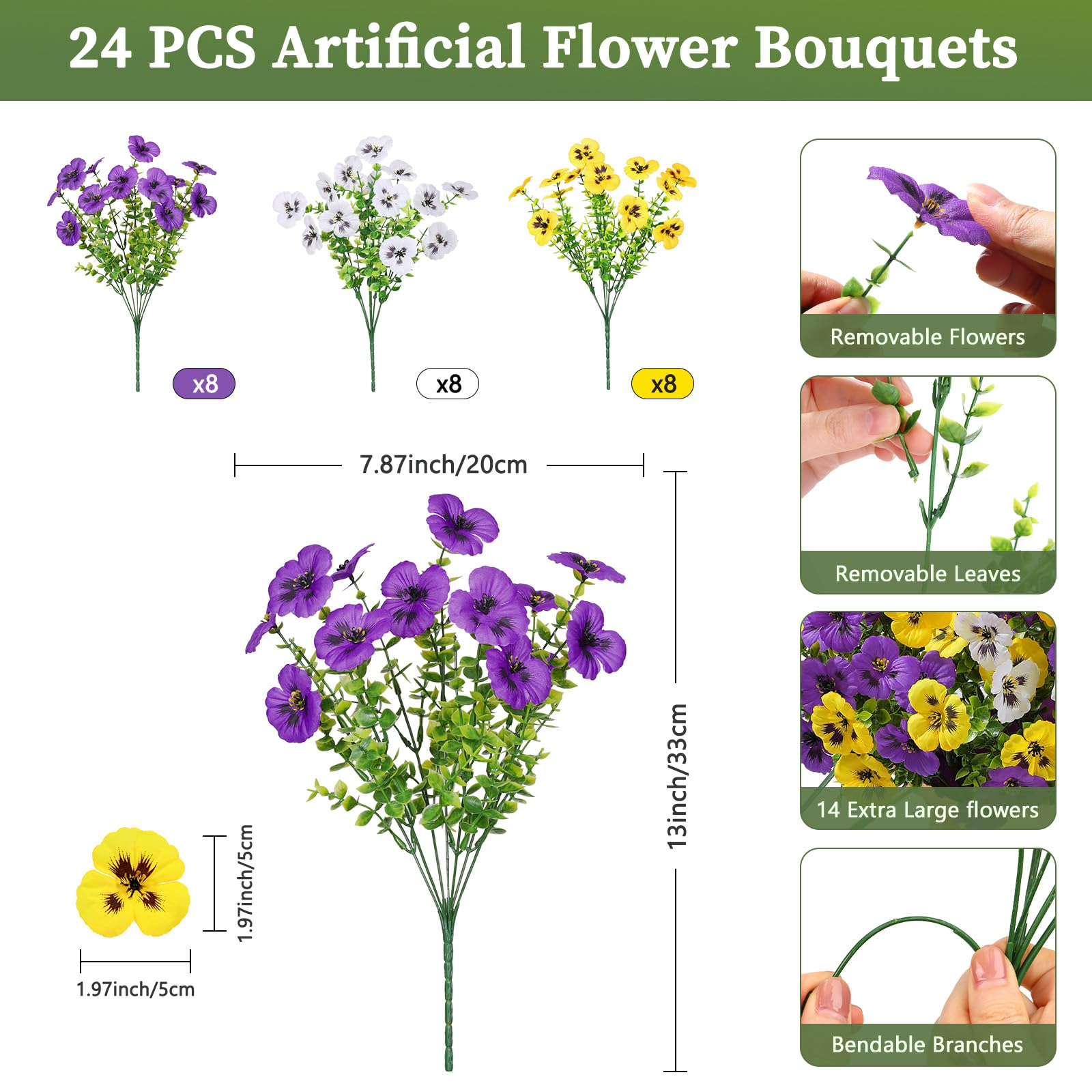 Alupssuc 24 Bundles Artificial Flowers for Outdoors Spring Decoration, Fake Flowers UV Resistant Realistic Pansies with Eucalyptus Silk Faux Flowers for Porch Patio Yard, Purple Yellow White