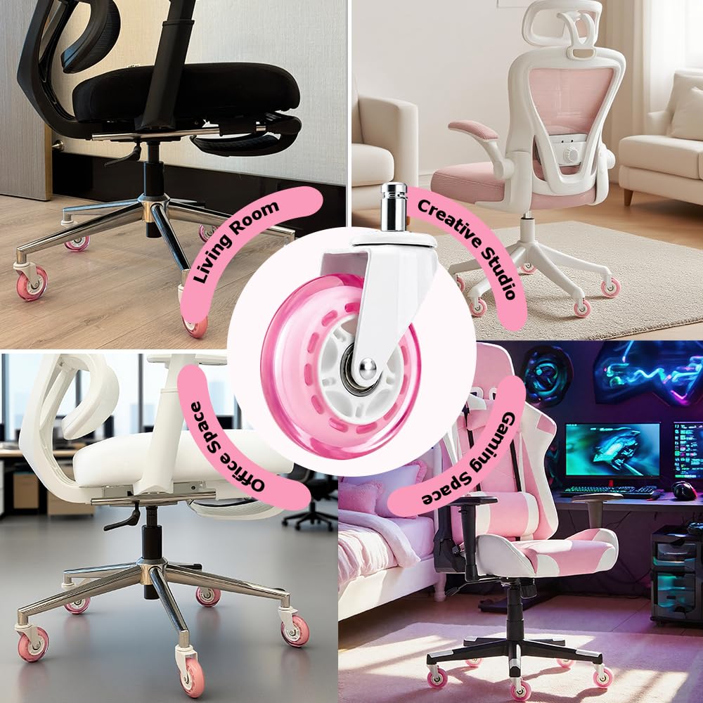 Pink Office Chair Caster Wheels Set of 5, 3 Inch Heavy-Duty Rubber Chair Casters Replacement, Computer Gaming Desk Caster Wheels Smooth Rolling for Hardwood Carpet Tile Floors, 11 * 22mm Universal fit