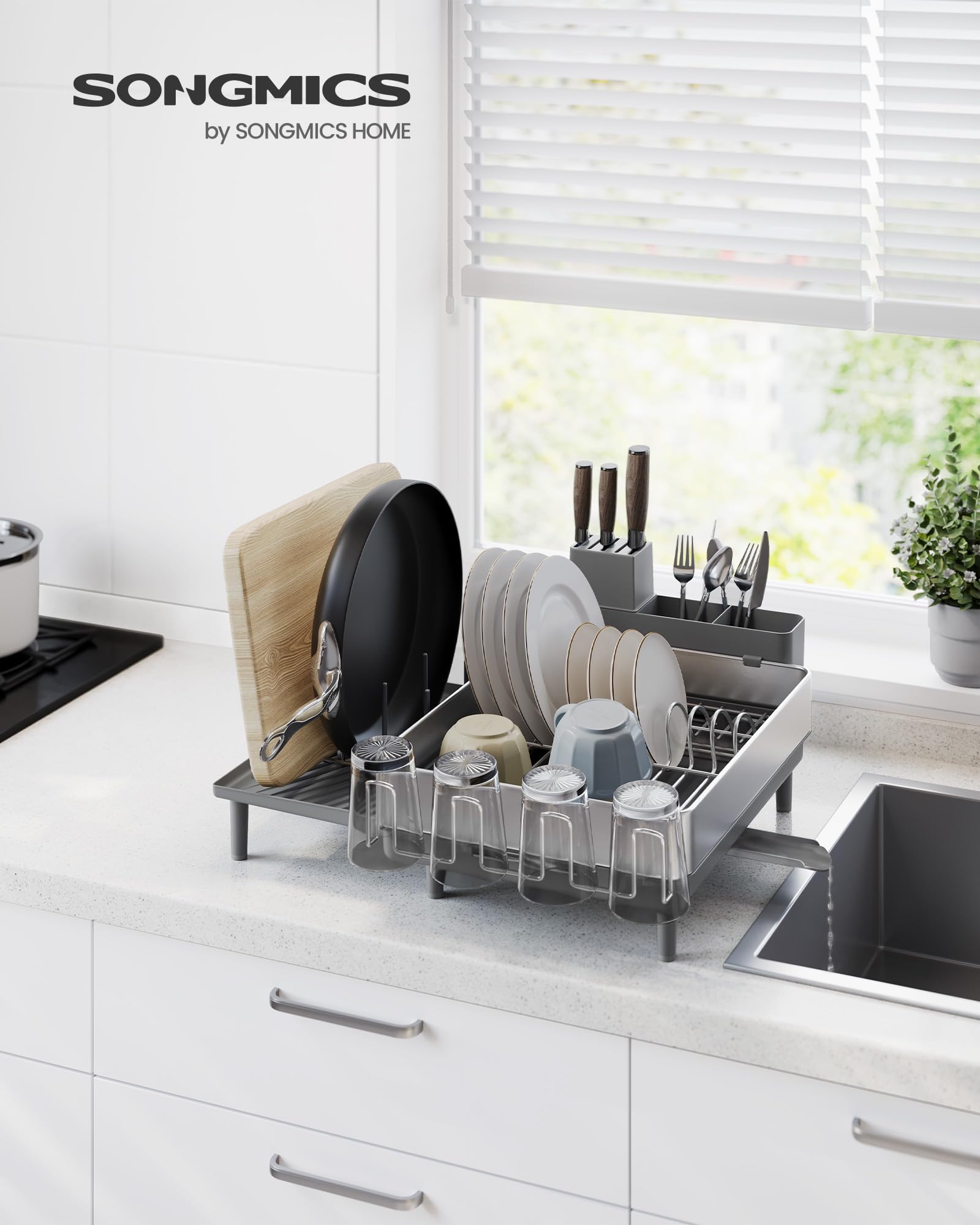 SONGMICS Dish Drying Rack, Expandable Dish Dryer for Kitchen Counter, Stainless Steel Dish Rack with Extendable Spout, Utensil, Cup, Glass, Cutting Board and Pan Holders, Silver and Gray UKCS037G01