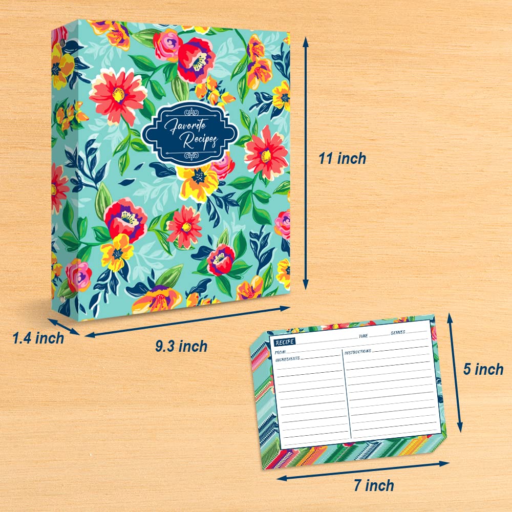 KiDEPOCH Recipe Binder Kit, 8.5 x 11 inch, 3 Ring Binder with 50 Plastic Sleeves, 100 Recipe Cards, 8 Dividers, Watercolor Floral Blue Design (XL)
