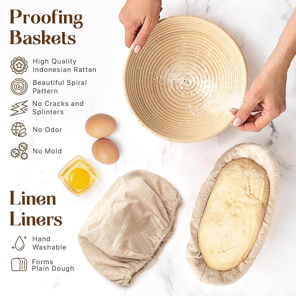 Bread Proofing Basket Set, 9" Round and 10" Oval Banneton Proofing Basket with Linen Liner Cloth, Danish Dough Whisk, Bread Scoring Lame,Stainless Steel Dough Scraper (9 inch Round & 10 inch Oval Set)