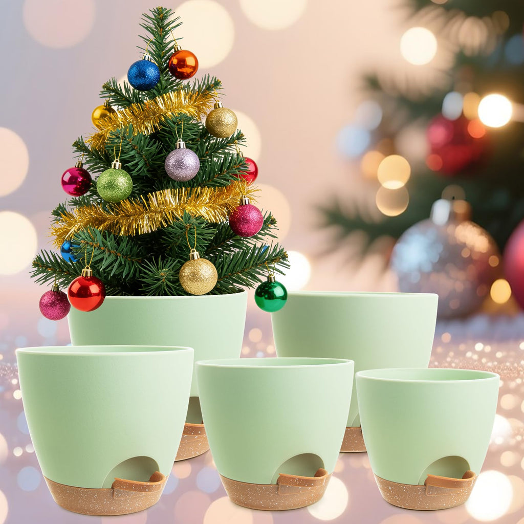 XXXFLOWER 5 Pack Self Watering Planters Plastic Plant Pots with Drainage Holes and Saucer Planting Pots Set for for Indoor Outdoor Plants-Green