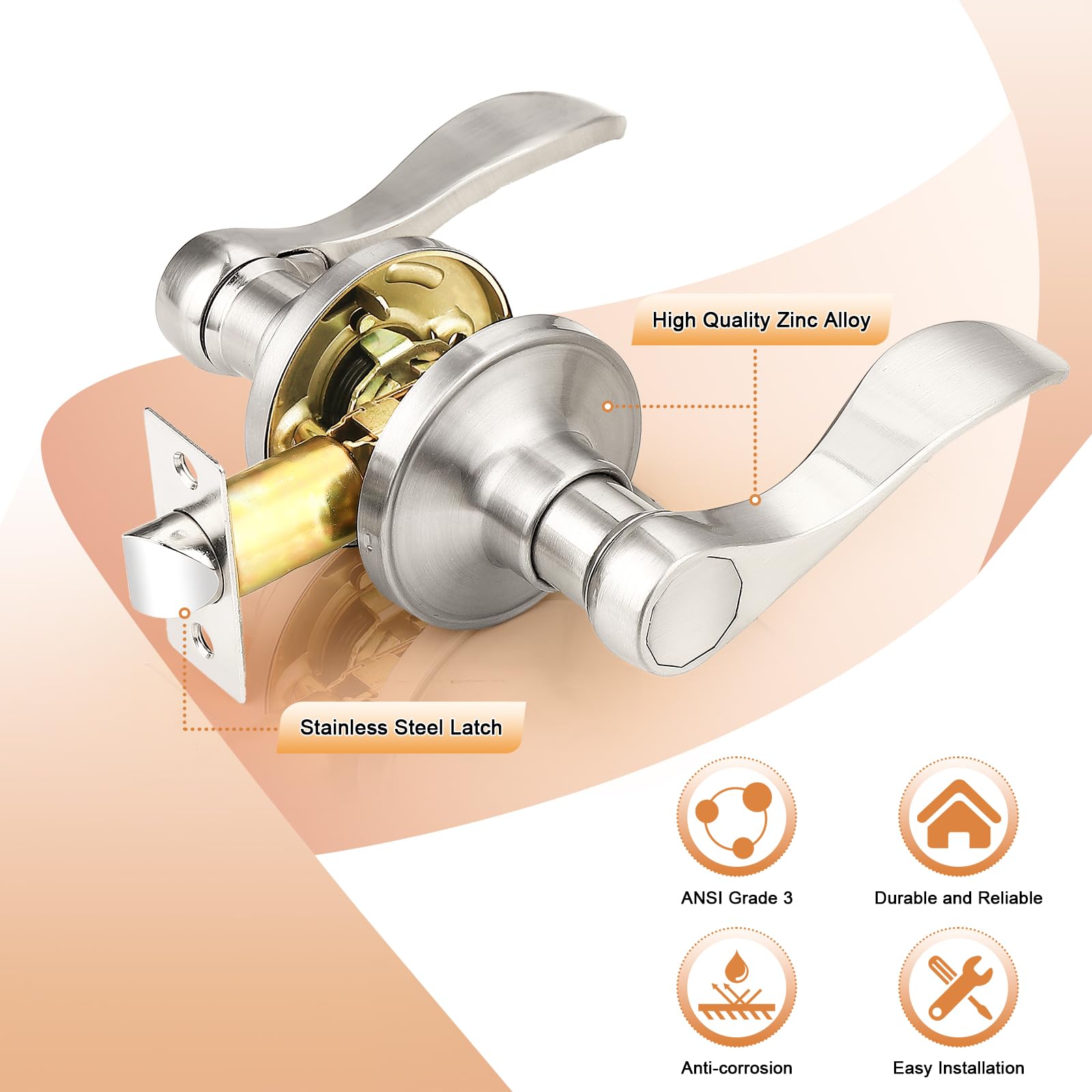 Probrico Interior Door Handles,Satin Nickel Passage Lever Door Handle for Closet Hallway Indoor Handles