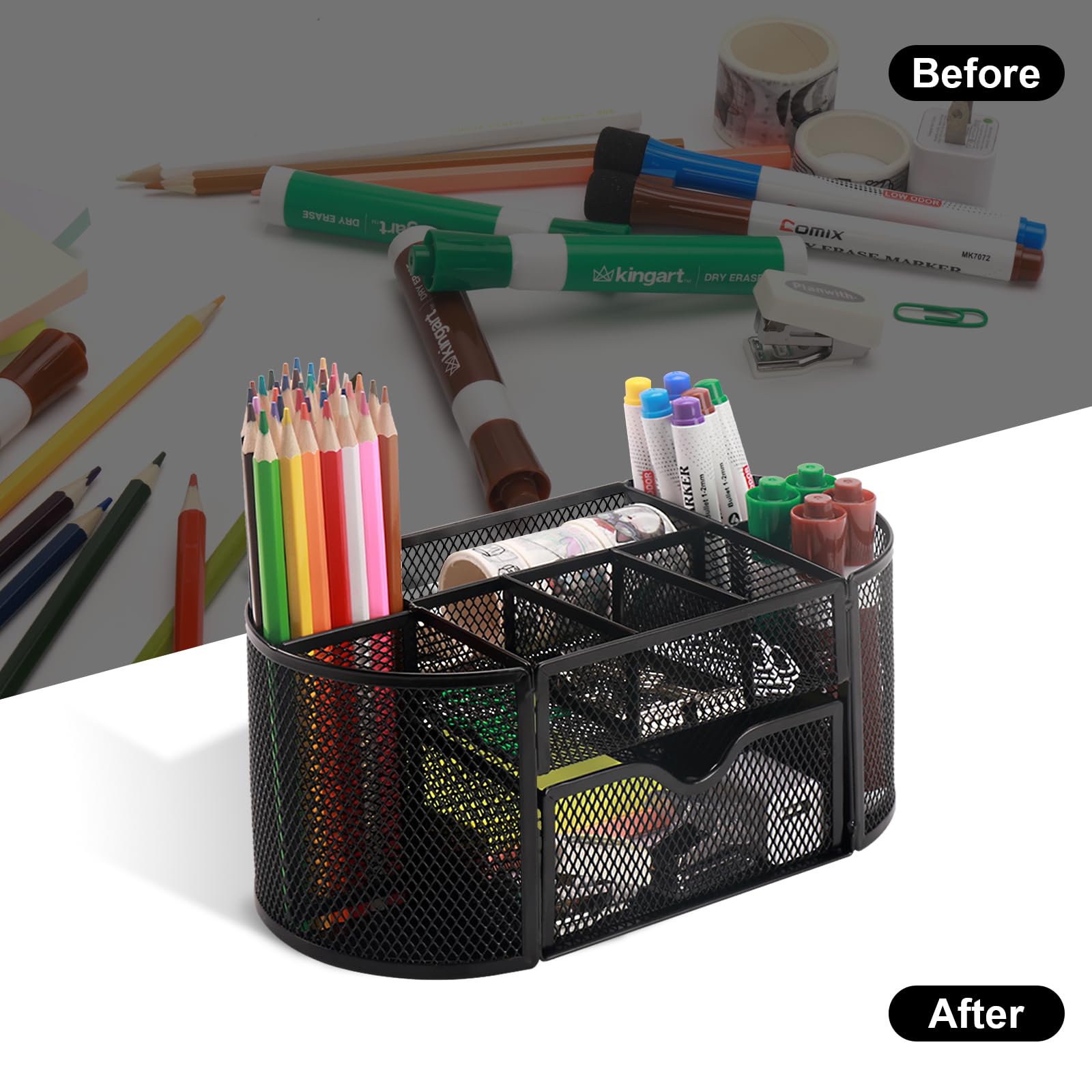 Comix Pen Holder, Mesh Desk Organizers with 8 Compartments and 1 Drawer, Oval Shaped Pencil Holder for Home School Office Supplies