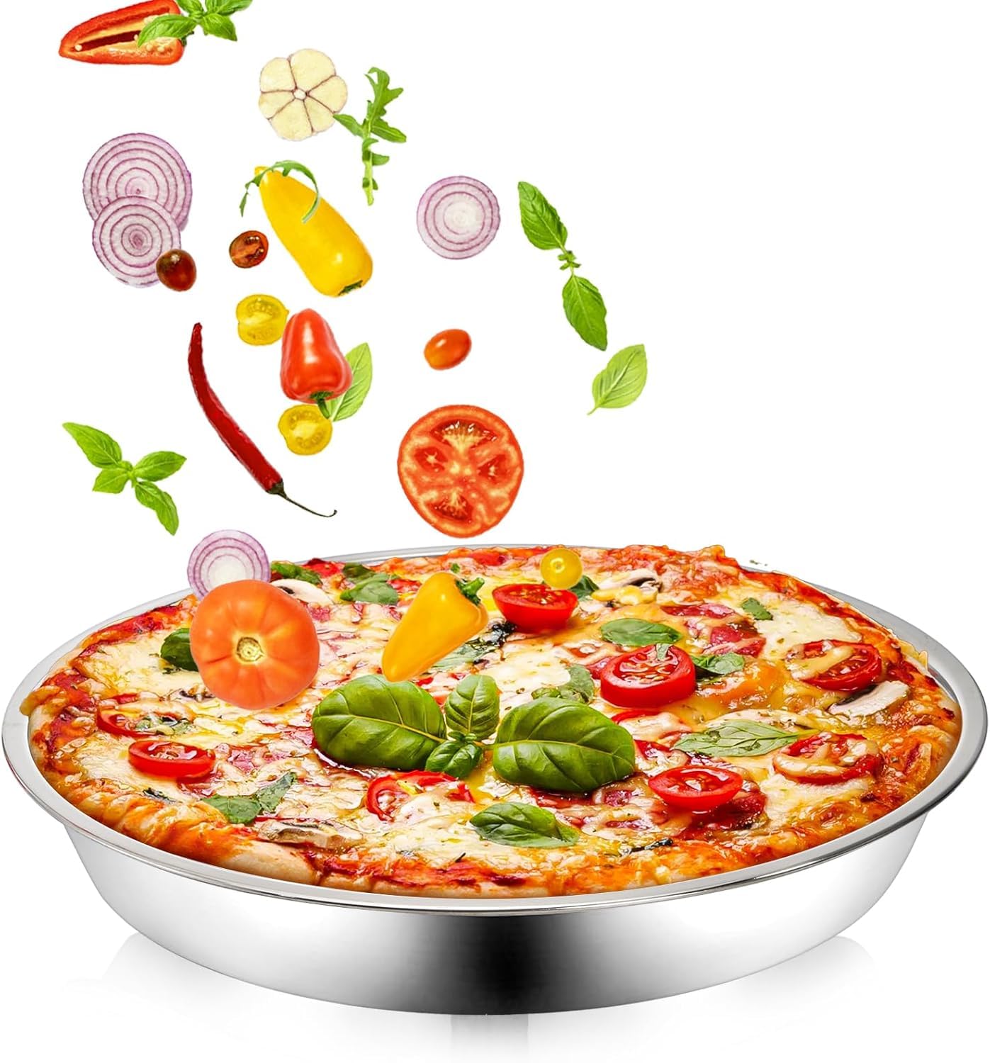 Elsjoy 4 Pack 13 Inch Stainless Steel Pizza Pan, Deep Dish Round Baking Pan Large Pizza Baking Tray, Heavy-Duty Pizza Dish Non-Stick Baking Sheet for Oven, Dishwasher Safe