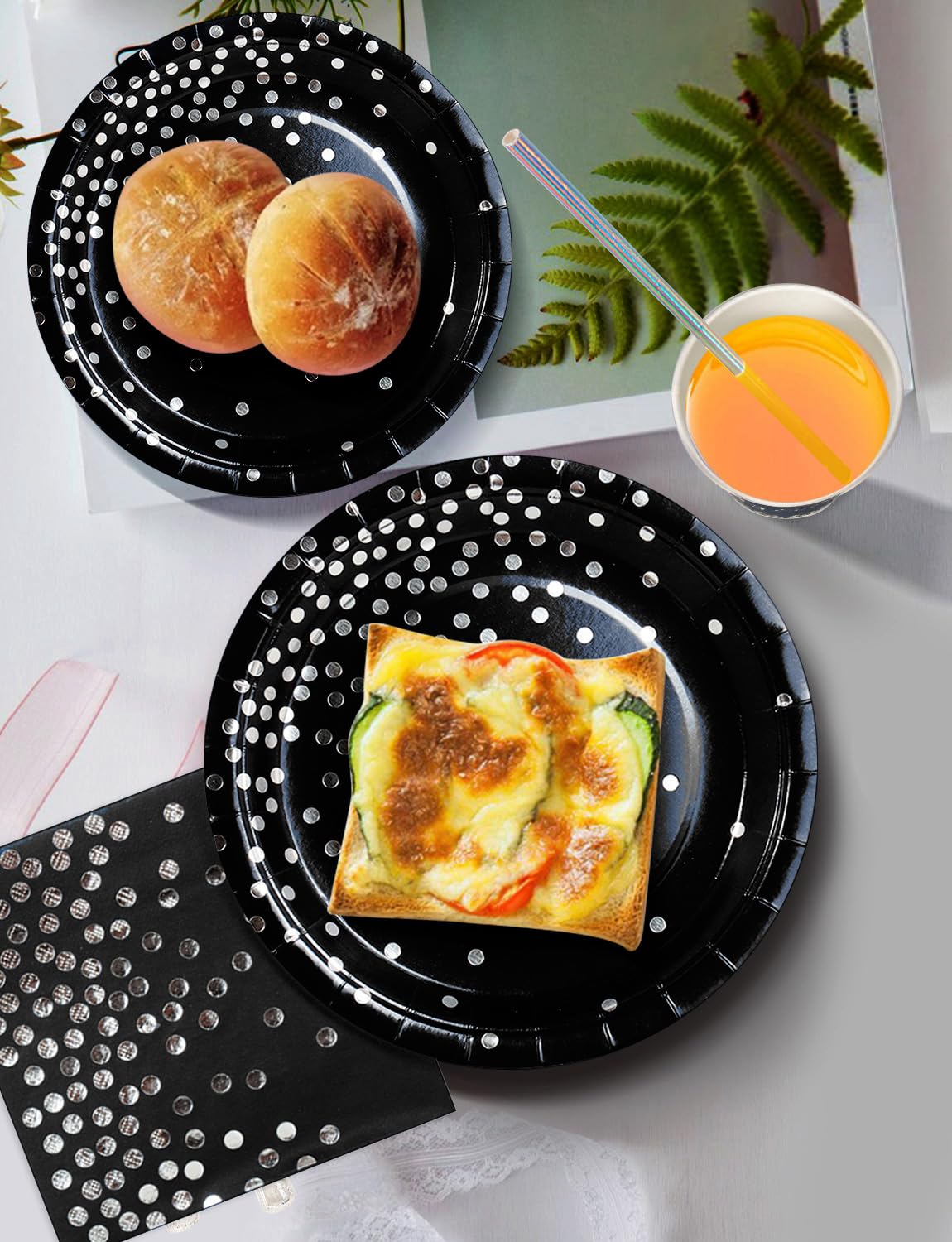 Nkaiso Paper Plates Napkins Cups Set, 126 Piece Black and Silver Paper Tableware Set Includes Birthday Paper Plates Napkins Cups Straws for Wedding Shower Engagement Wedding Birthday-25 Guests