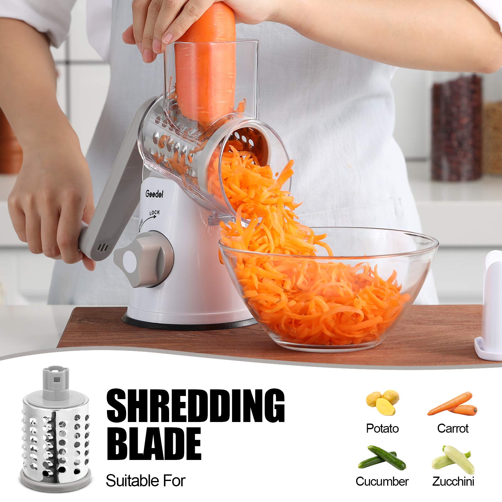 Geedel Kitchen Cheese Grater, Rotary Mandoline Vegetable Slicer with Interchangeable Blades, Easy to Use Rotary Grater Slicer for Fruit, Vegetables, Nuts