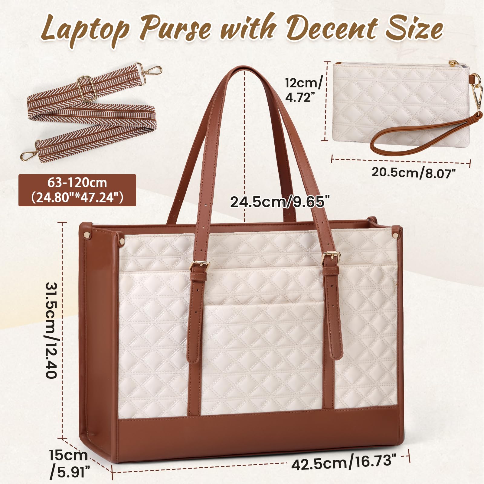 IGOLUMON Laptop Bags for Women Vegan Leather Laptop Bag 15.6 Inch Quilted Work Tote Bag Womens Laptop Briefcase for Business Travel Office Teacher Designer Computer Bag with Purse Beige & Brown