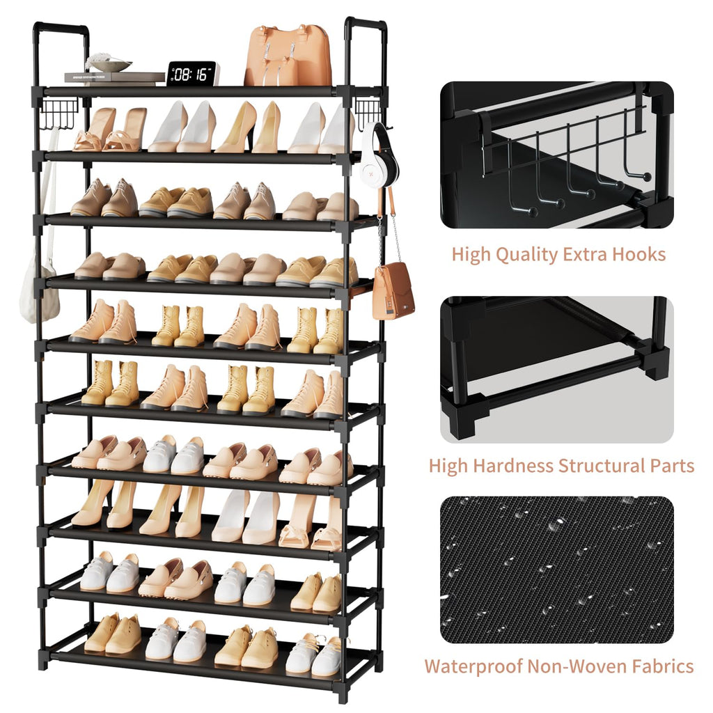 10 Tier Shoe Rack, Large Capacity Tall Shoe Storage Organizer Holds 50-55 Pairs Shoes and Boots, Vertical Shoe Shelf Cabinet with Versatile Hooks for Closet Entryway Garage Bedroom