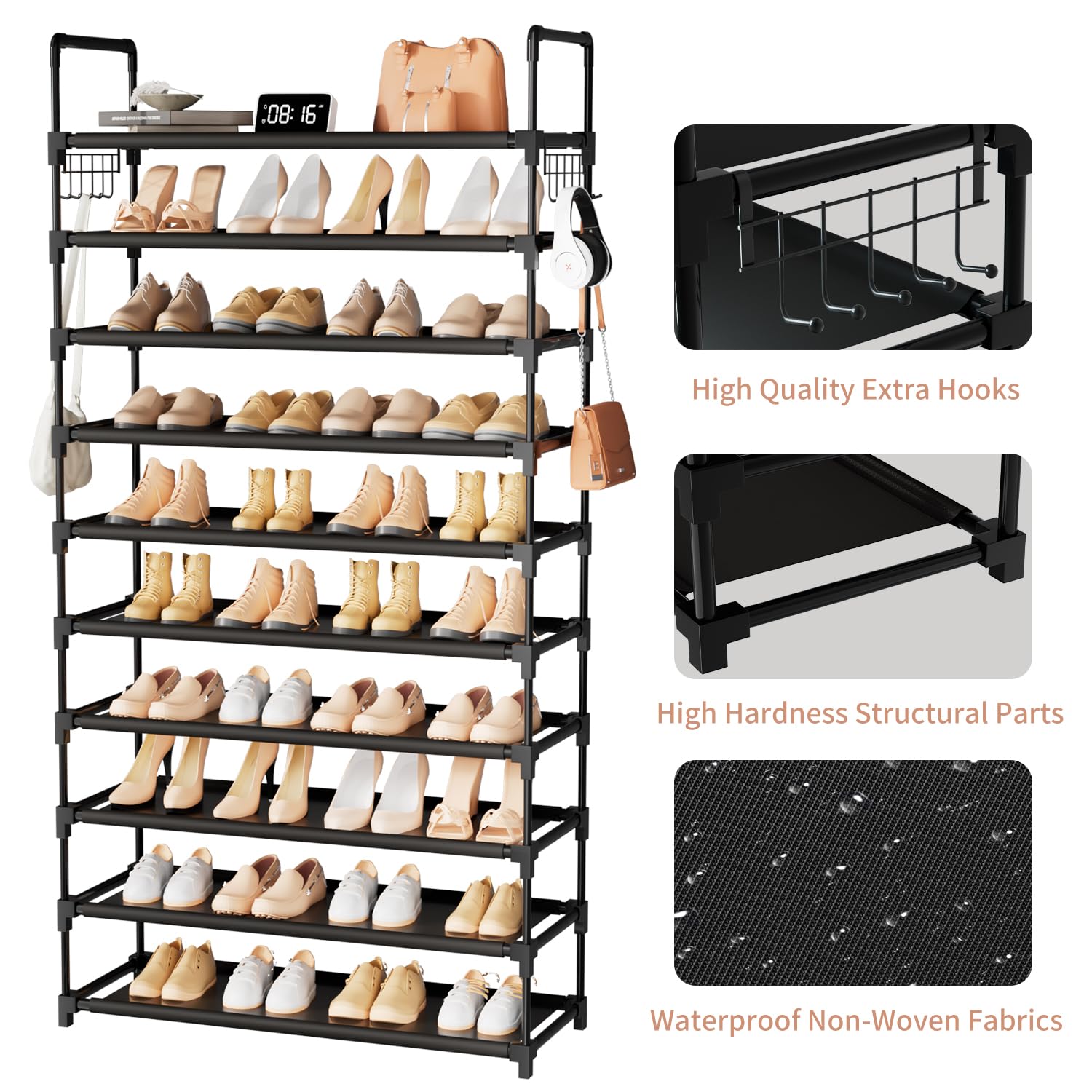 10 Tier Shoe Rack, Large Capacity Tall Shoe Storage Organizer Holds 50-55 Pairs Shoes and Boots, Vertical Shoe Shelf Cabinet with Versatile Hooks for Closet Entryway Garage Bedroom