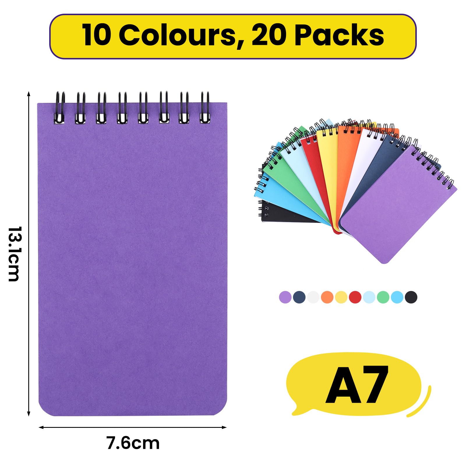 JIANTA Pocket Notebook A7, 50 Sheets/20Pack Small Spiral Notebook Lined, 10 Colours Memo Pads, 3 x 5 Inch Ruled Notepads for School Office Supplies