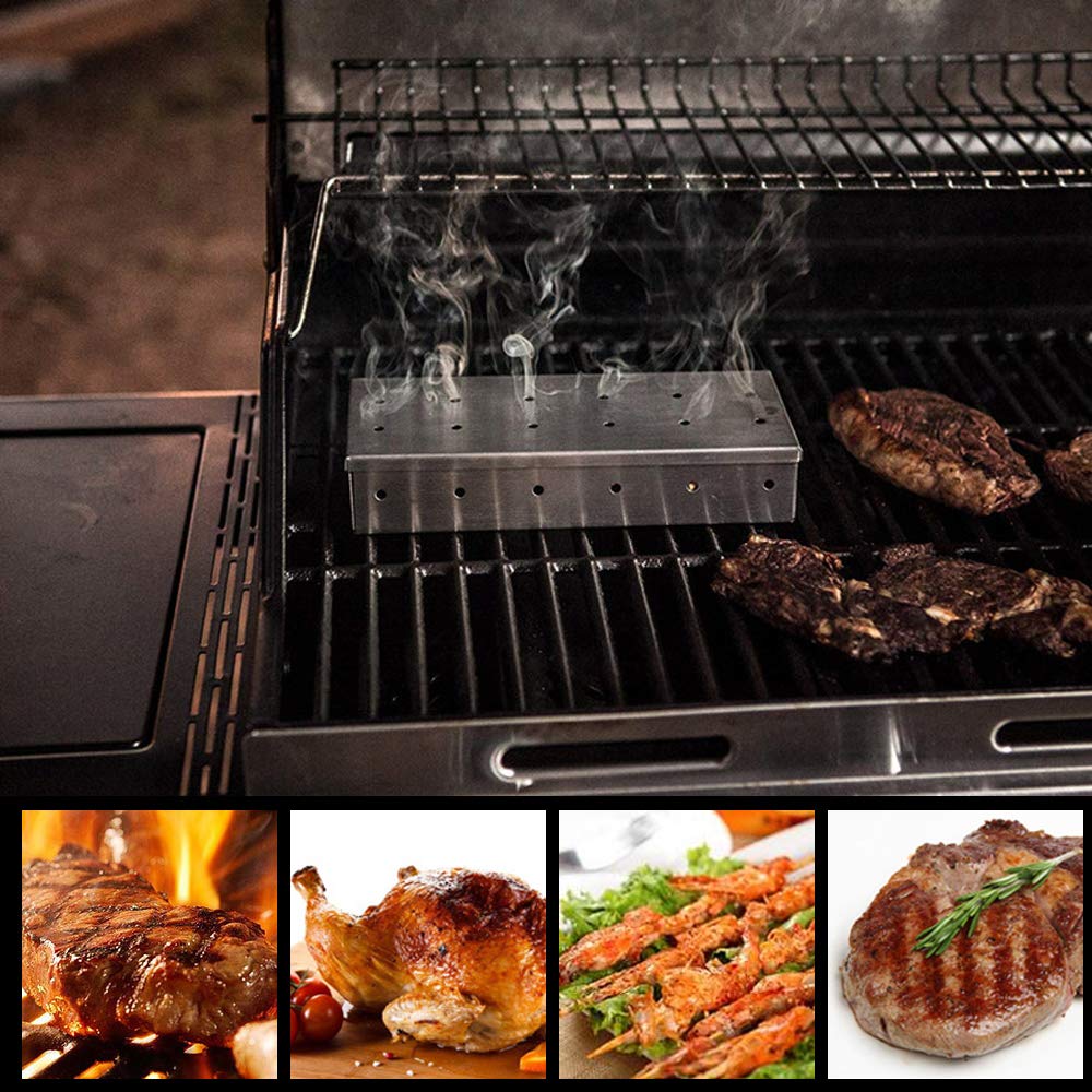 Smoker Box for BBQ Grilling Wood Chips, Thick Stainless Steel Smoking Box Non-Warp for Barbecue, Best Grill Accessories for Charcoal Grill and Gas Grill with Large Capacity