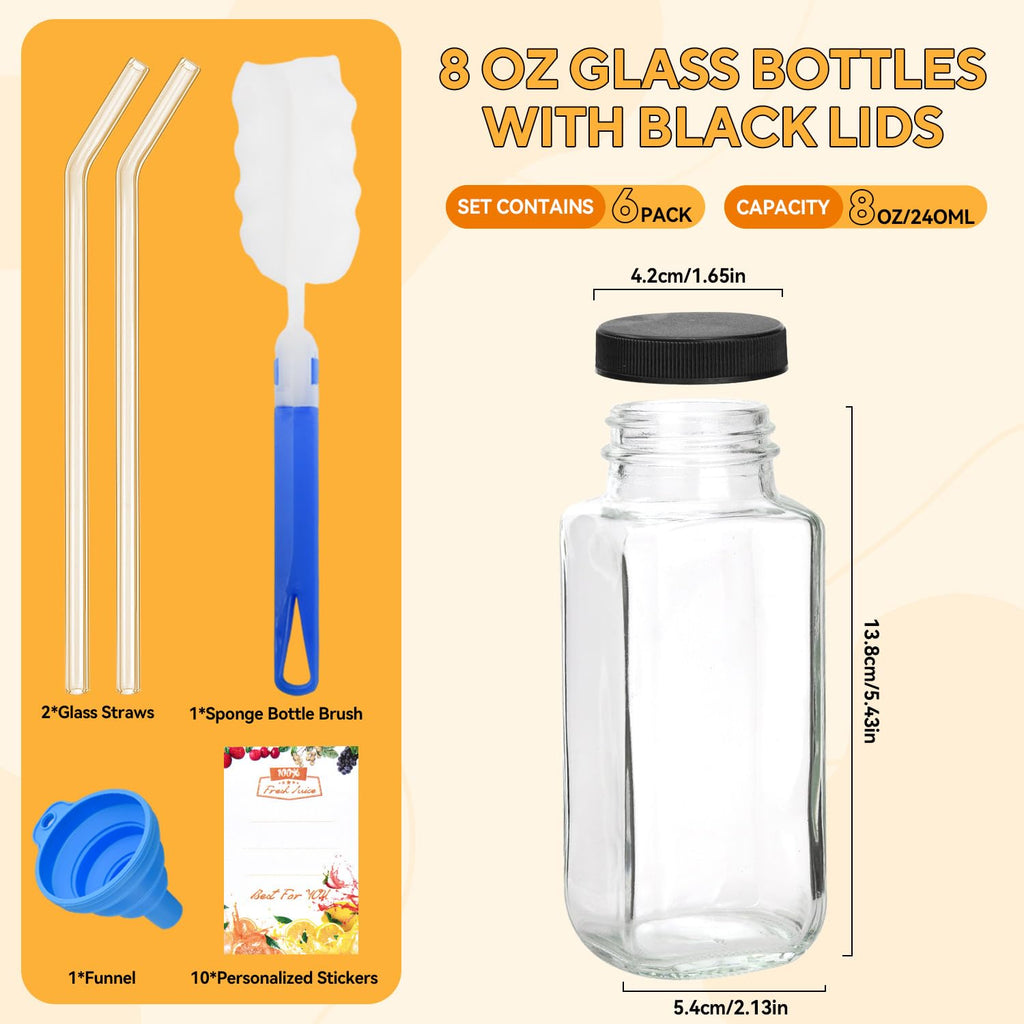 6 Pack 8 oz 250ml Glass Juice Bottles with Lids, Reusable Glass Containers Drinking Glass Jars Small Glass Bottles for Smoothie, Juicer Shots, Milk, Water, Kombucha, School, Outdoor