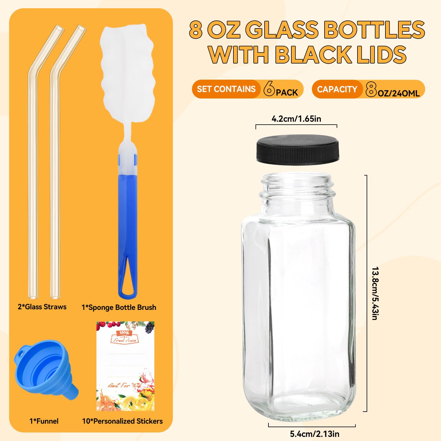 6 Pack 8 oz 250ml Glass Juice Bottles with Lids, Reusable Glass Containers Drinking Glass Jars Small Glass Bottles for Smoothie, Juicer Shots, Milk, Water, Kombucha, School, Outdoor