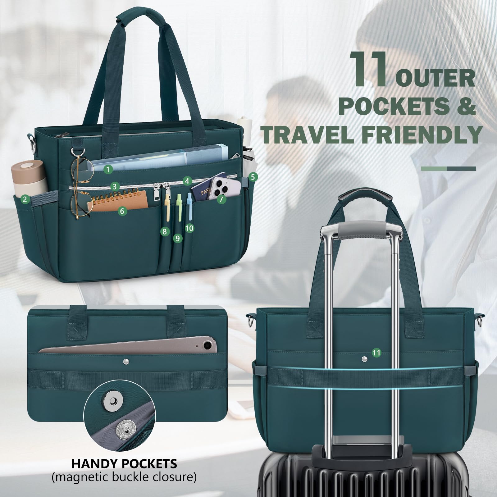 Teacher Tote Bag for Women 15.6 Inch Laptop Briefcase with Clutch Bag, Nurse Bags Professional Work Handbag for Office College Nursing, Large Utility Tote Messenger Shoulder Bag, Dark Green