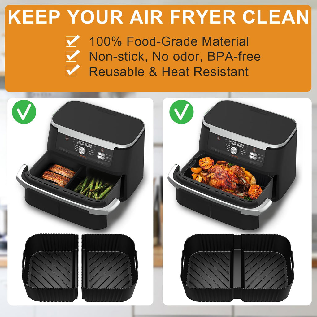 HOMELYLIFE Air Fryer Silicone Liners for Ninja DZ071C 7-QT DualZone Megazone Air Fryer, 2 Pcs Liners for Dual 3.5QT Baskets and 1 Pcs Liner for 7-QT Megazone Basket, 3 PCS Air Fryer Accessories