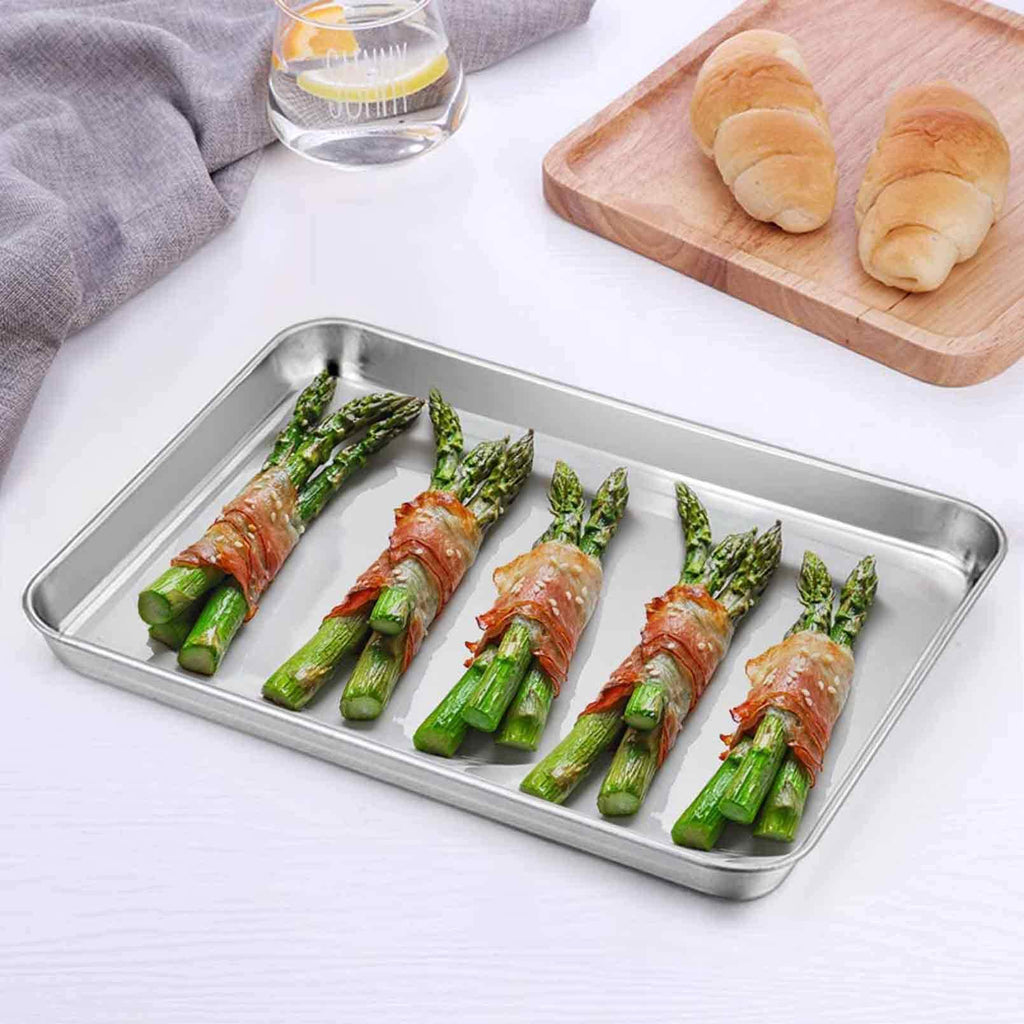 TeamFar- Toaster Oven Pans, 9.3'' X 7'' X 1'' Stainless Steel Compact Toaster Oven Tray Ovenware, Healthy & Durable, Roll Edge & Mirror Finish, Easy Clean & Dishwasher Safe 2 Pcs