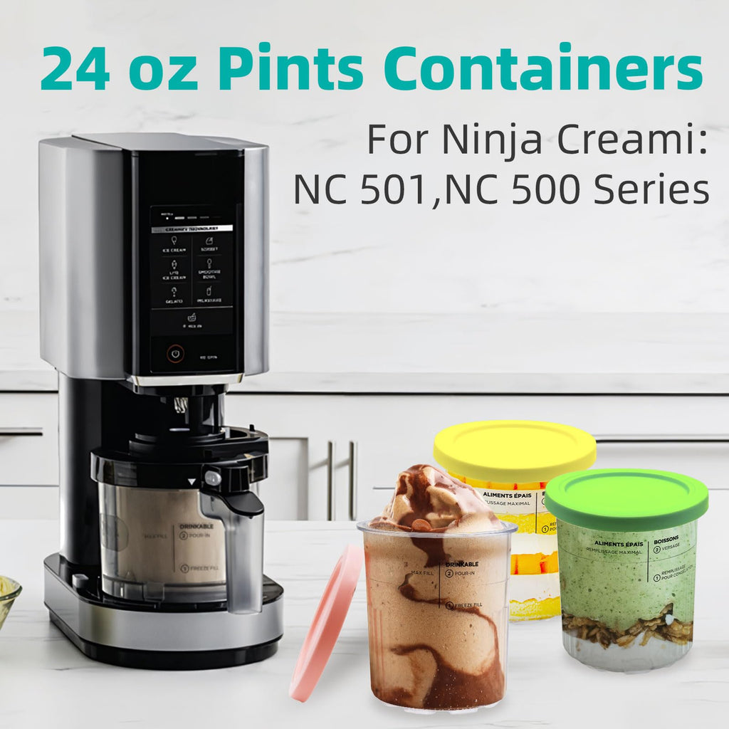 Containers Replacement for Ninja Creami Pints and Lids - 4 Pack, 24oz Cup Compatible with NC501, NC500 Series Ice Cream Maker, BPA Free Dishwasher Safe Leak Proof