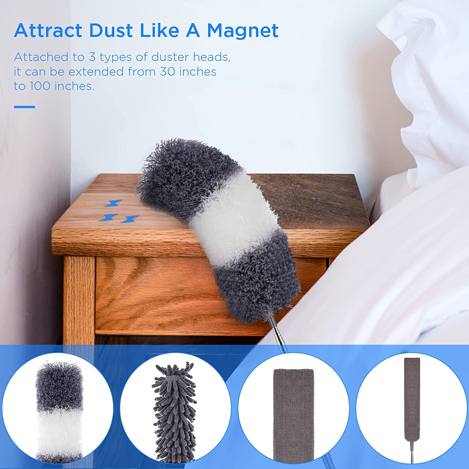 UIMO® Dusters for Cleaning, Retractable Microfiber Gap Dust Cleaner with Extension Pole 30'' to 100'', Reusable Long Handle Feather Duster Kit for Cleaning High Ceiling Fan, Furniture, Blinds