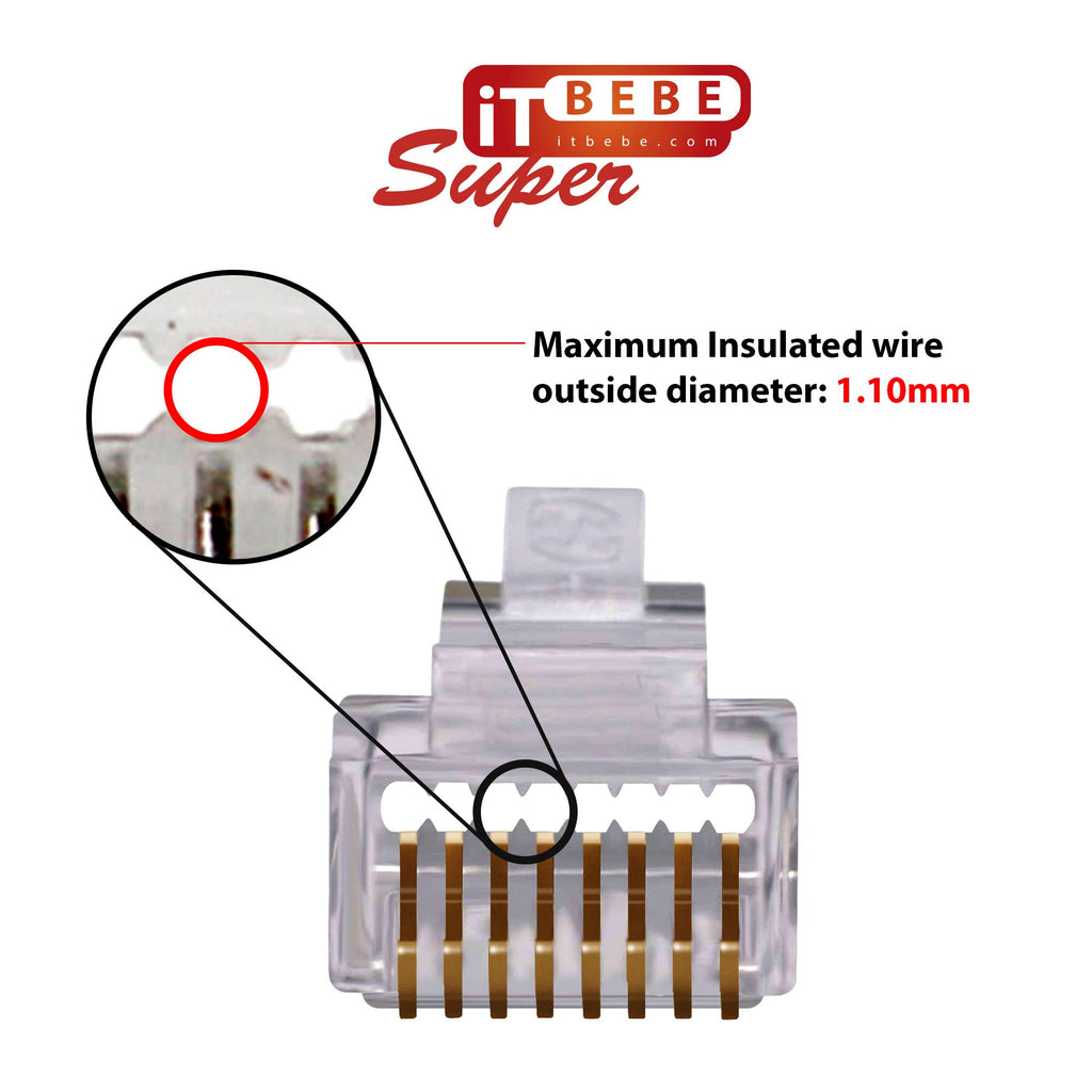 ITBEBE 100 Pieces RJ45 Cat6 Pass Through Connectors - Gold Plated Transparent Passthrough Ethernet Insert Crimp Connector UTP Network Plug for 24 AWG Cables (100 Pieces)