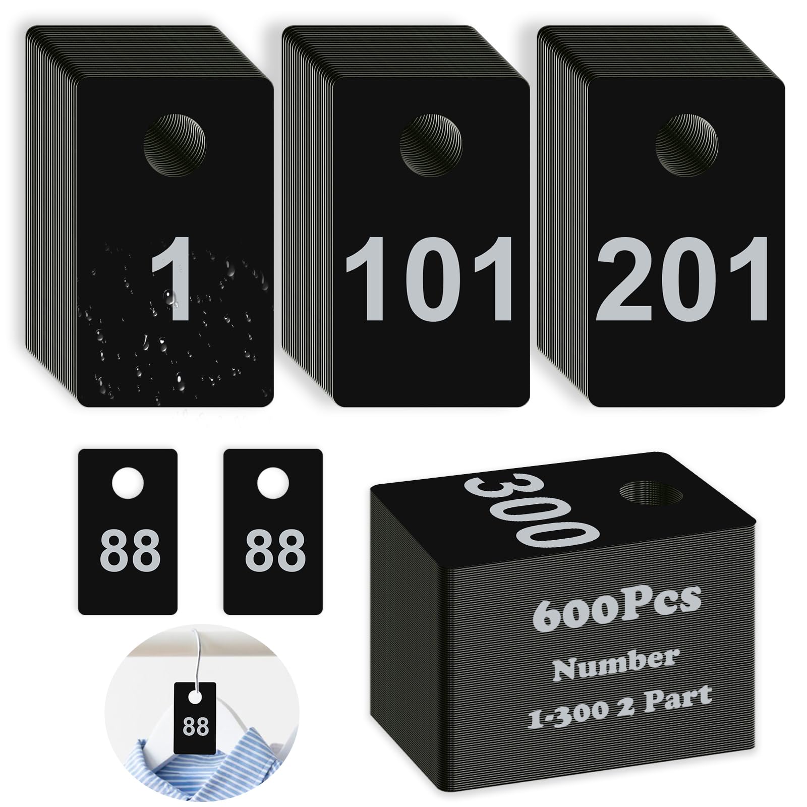 600Pcs Coat Check Tags 2 Part Plastic Check Tickets 1.5x2.5inch Number Tags 1 to 300 with Hole Reusable Coat Room Cards Claim Ticket for Closet Organization Live Sale Draws Cloakroom Storage Black