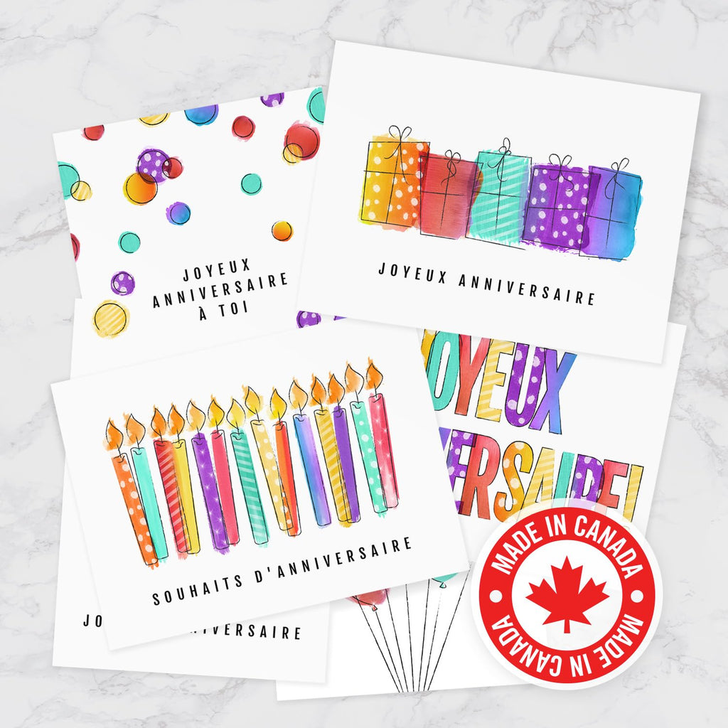 Modern Vibrant Watercolor Style Birthday Card Set / 24 Bright French Canadian Salutations D'anniversaire 4 5/8" x 6 1/4" Greeting Cards With White Envelopes / 6 Colorful Joyeux Anniversaire Designs / Made In Canada