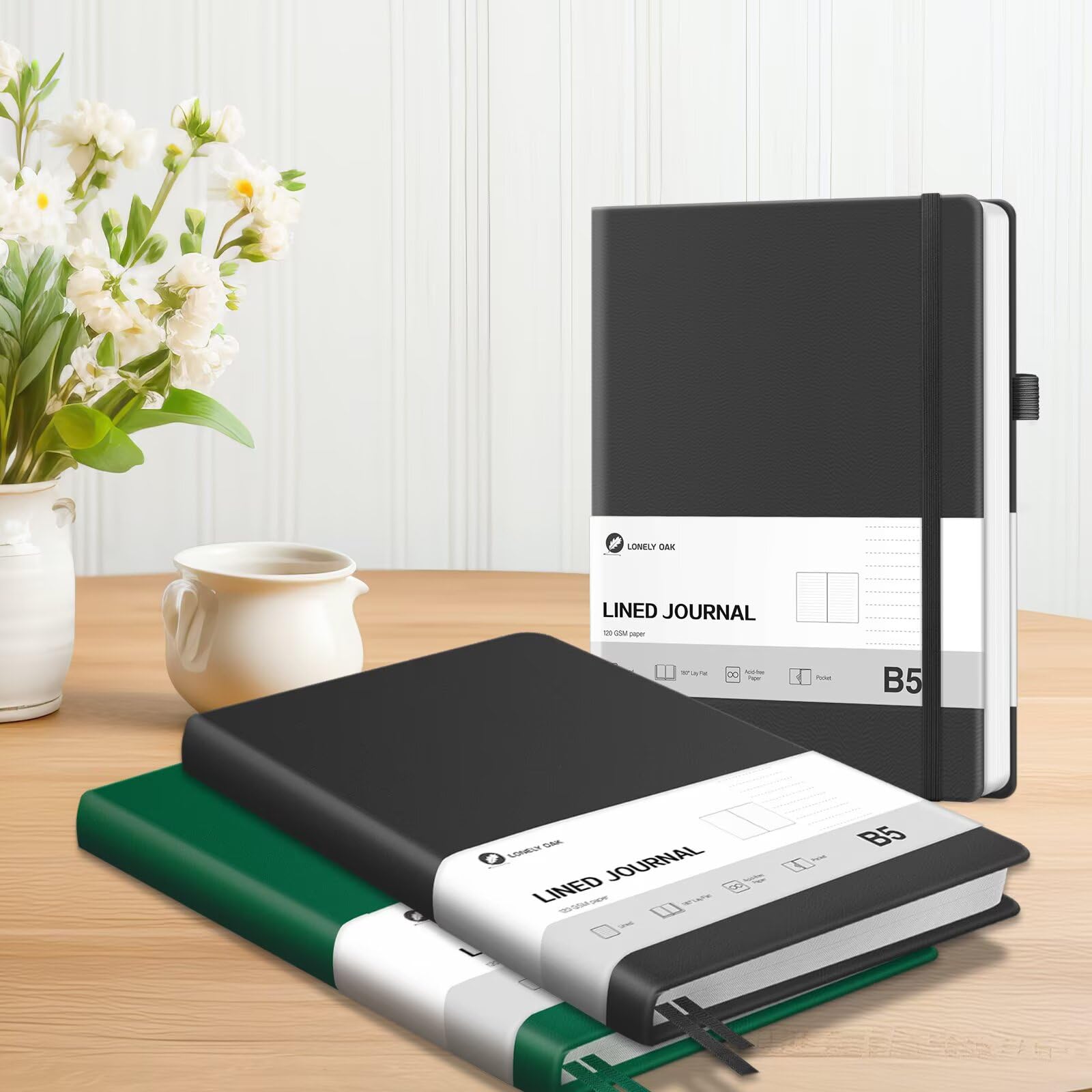 Lonely Oak Lined Journal Notebook, B5 Hardcover Lined Notebook for Women & Men, 120GSM Acid-Free Paper with Leather Hardcover and Inner Pocket, Daily Diary Journal for Work(Black)