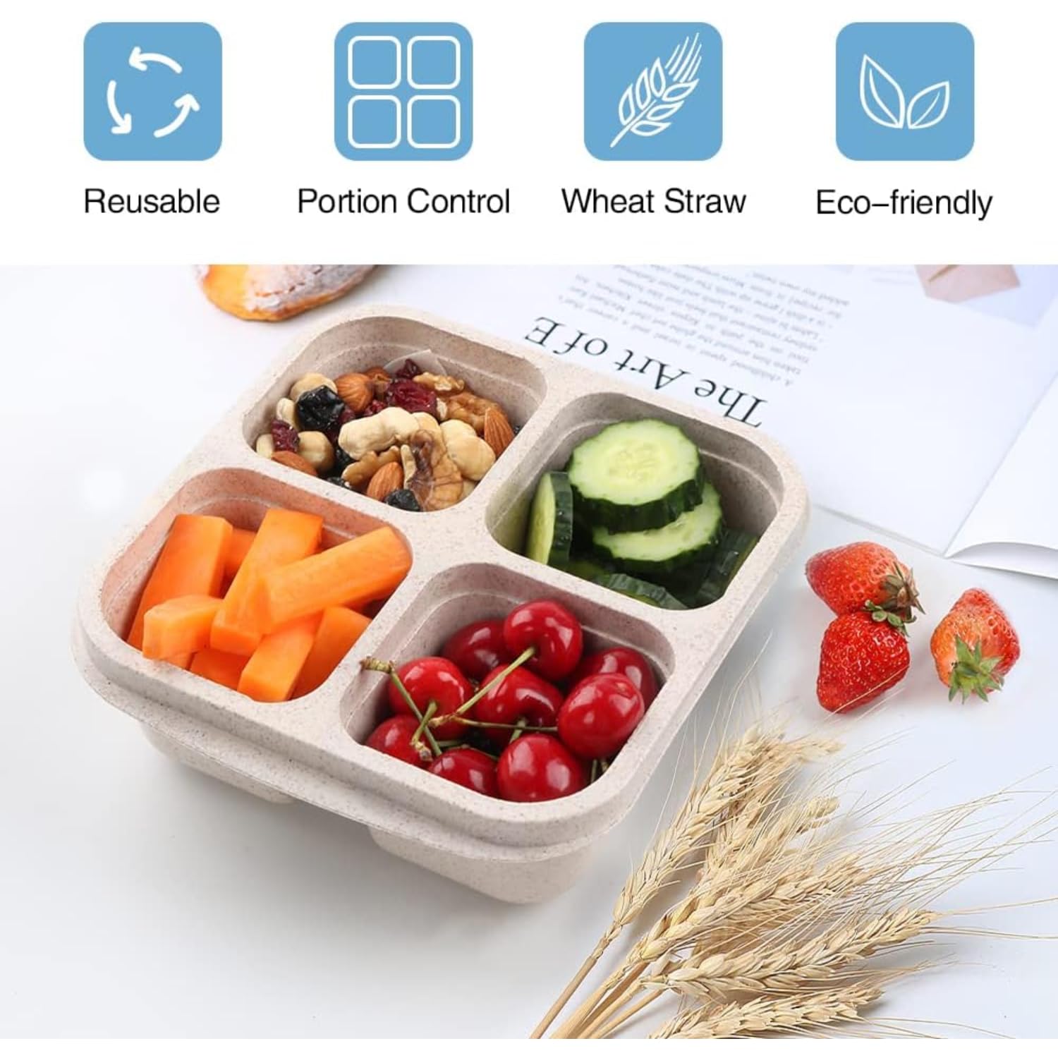 Jagney 4 Pack Bento Lunch Box, 4 Compartment Snack Containers, Divided Bento Snack Box, Work and Travel, Meal Prep Containers Kids/Toddle/Adults, Food Storage Containers for School.