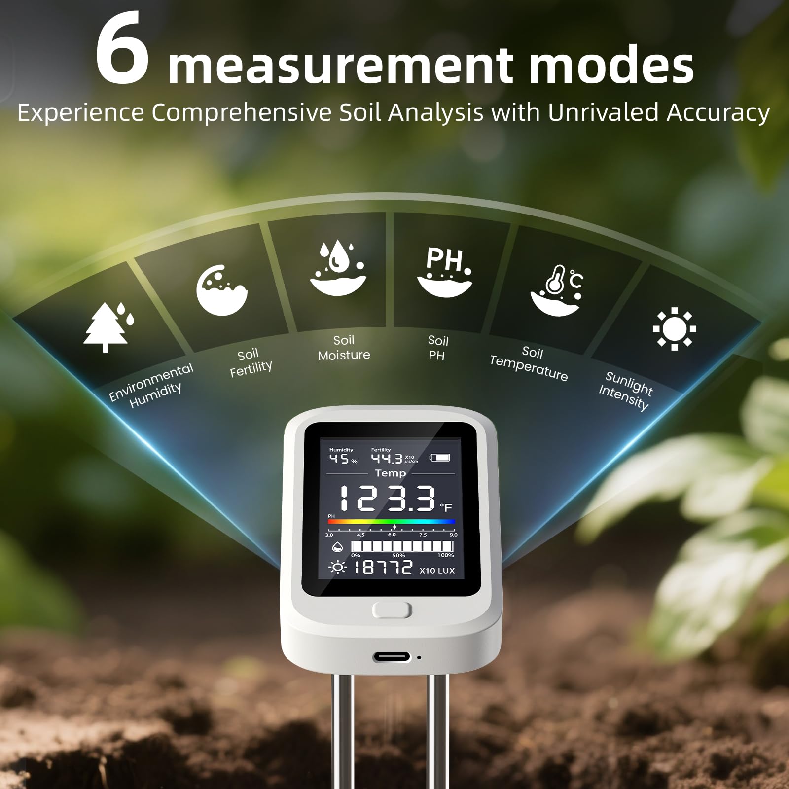 6-in-1 Soil Meter with Ph, Moisture, Fertility, Temperature, Sunlight & Humidity Sensor, Soil Test Kit for Garden, Farm & Lawn Plant Care, Multi-Function Tester Ideal for Plants Lover Gifts