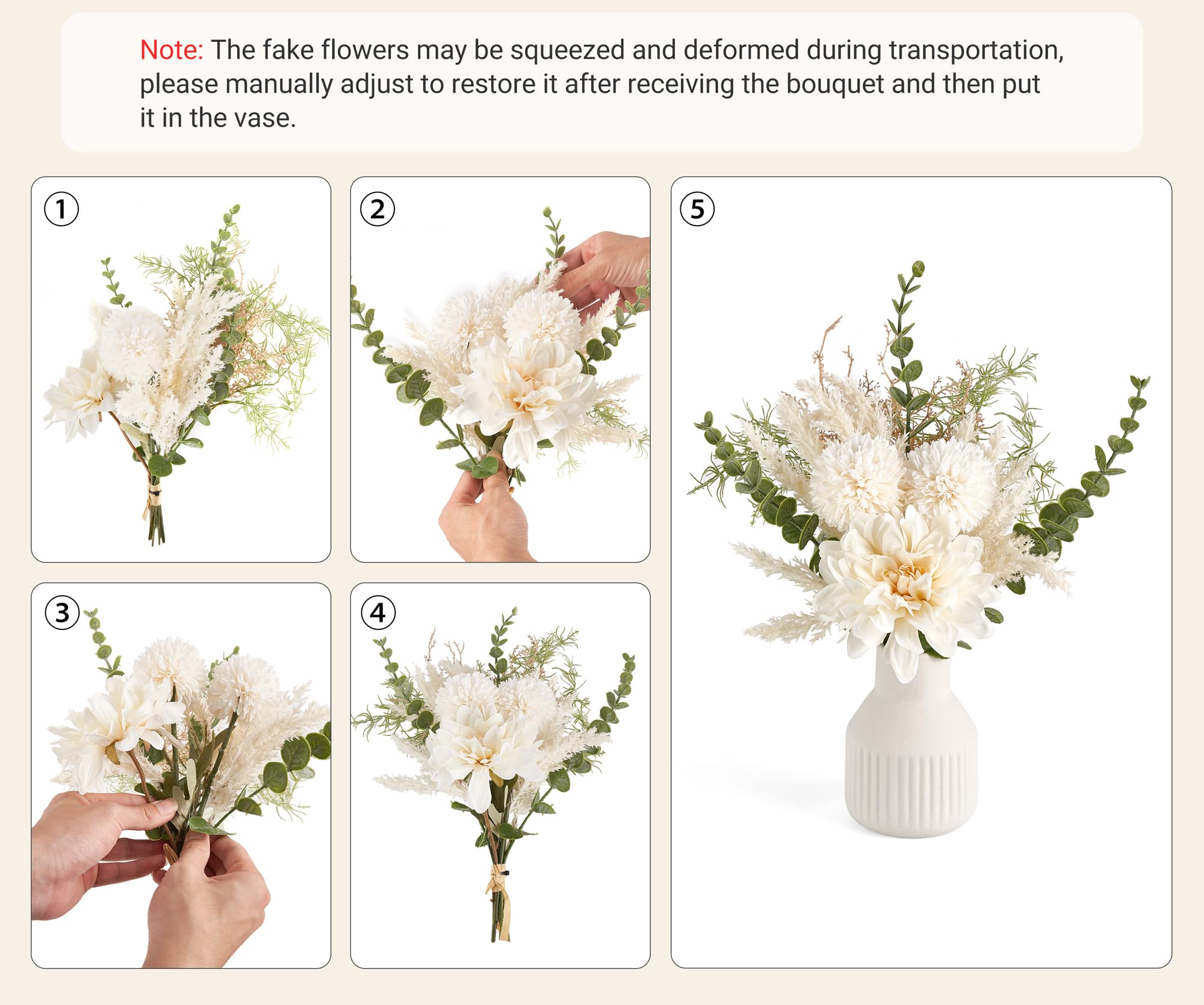 Mkono Small Artificial Flowers in Ceramic Vase 13.5" Centerpieces Coffee Table Decor, Silk Flower Arrangements for Home Decor Indoor Fake Flower Bouquet for Dining Room Kitchen Wedding, White