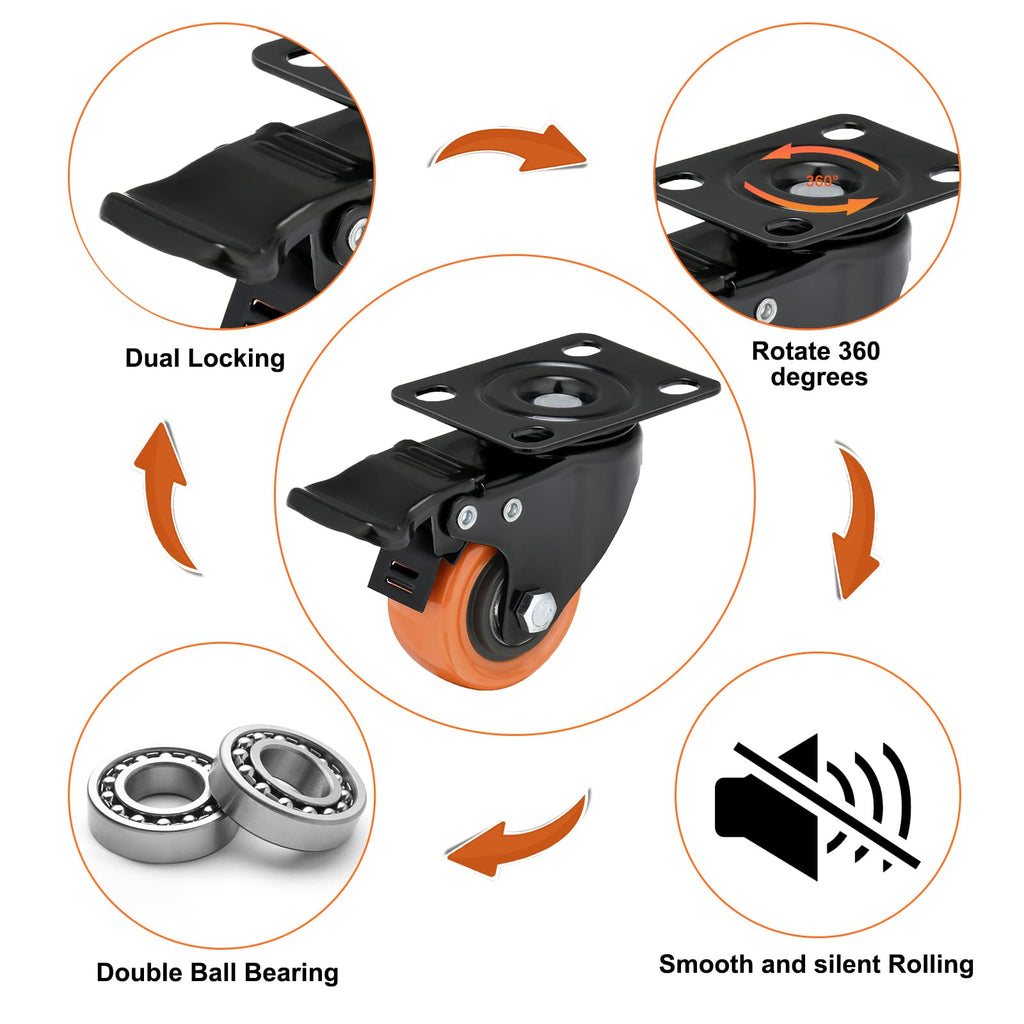 2 Inch Caster Wheels Load 600 Lbs,Orange Polyurethane Castors, Top Plate Swivel Wheels, Casters Set of 4, Locking Casters for Furniture and Workbench,4 Pack Casters with Brake
