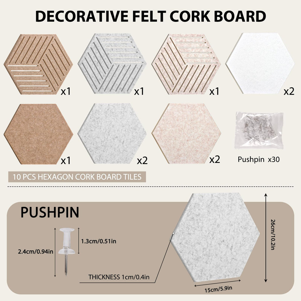 Weldomcor Hexagon Cork Board Tiles 10 Pack Cute Felt Bulletin Boards with 30 Push Pins, 12''x10'' Small Adhesive Pin Display Board Decorative Photo Memo Notes Pinboard for Office Wall Dorm Home Decor