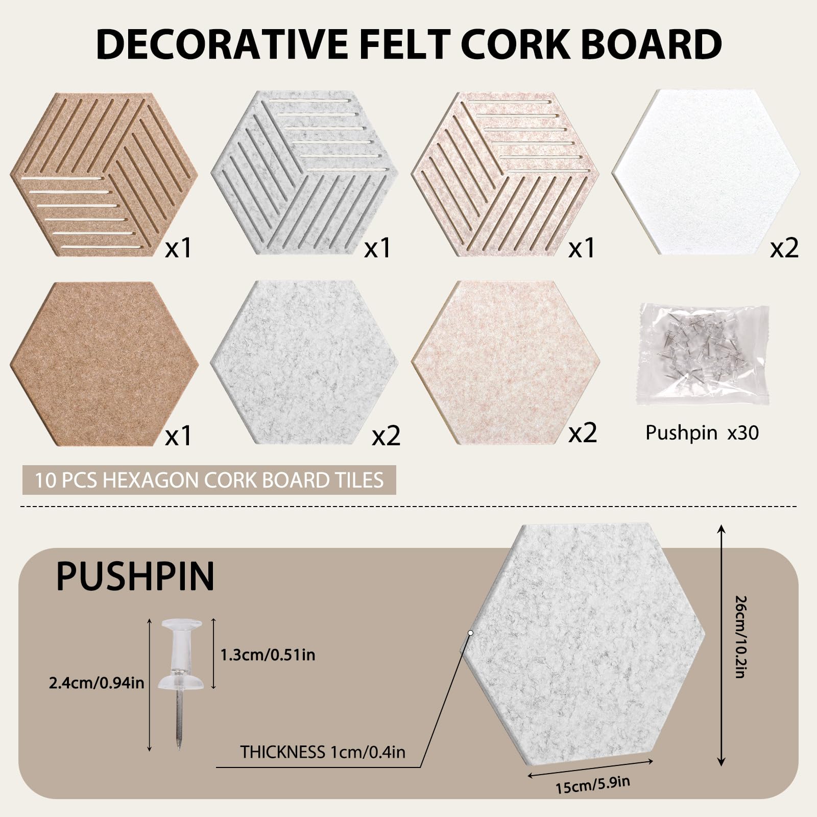 Weldomcor Hexagon Cork Board Tiles 10 Pack Cute Felt Bulletin Boards with 30 Push Pins, 12''x10'' Small Adhesive Pin Display Board Decorative Photo Memo Notes Pinboard for Office Wall Dorm Home Decor
