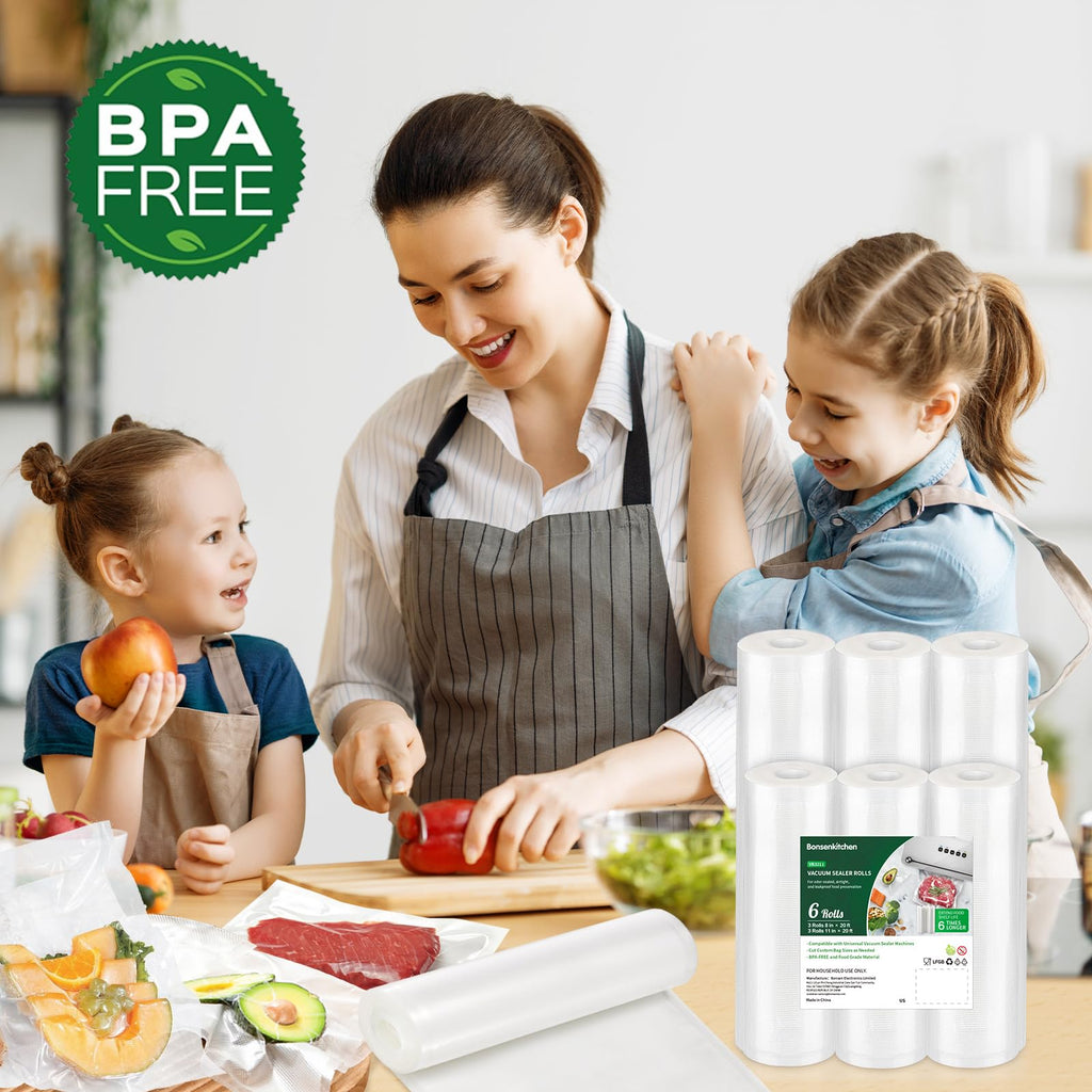 Bonsenkitchen Vacuum Sealer Bags, 6 Pack 3 Rolls 11" x 20' + 3 Rolls 8" x 20' Food Sealer Bags, Food Grade, BPA Free, Customized Size Vcuum Bag for Vac Storage, Meal Prep or Sous Vide Cooking, VB3211