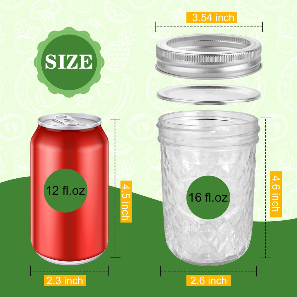 Wide Mouth Mason Jars, 16 oz Glass Canning Jars with Metal Lids and Bands, Set of 6