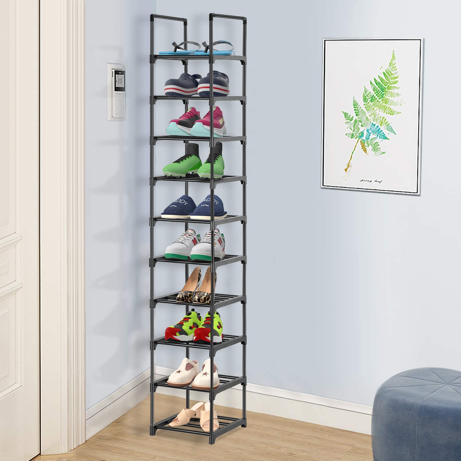 Olyzer 10 Tier Shoe Rack, Narrow Shoe Organizer, Space Saving,Vertical Shoe Stand Shelf for Living Room, Bedroom, Closet, Entryway, Grocery Room, 12.2'' x 12.2'' x 68.9''