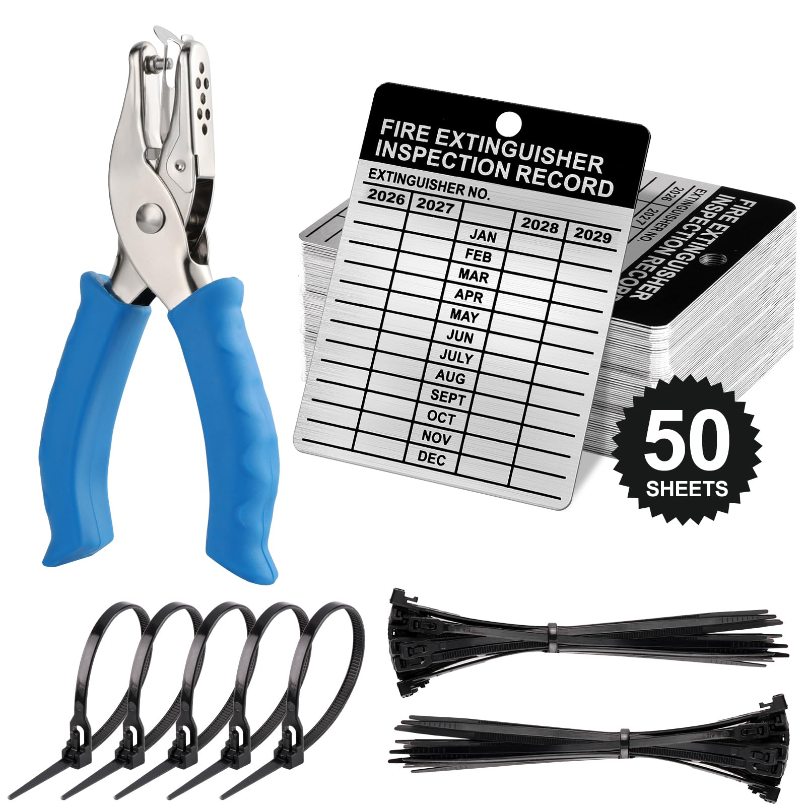 50 Sets Metal Inspection Tags Safety Inspection Tags Fire Extinguisher Inspection Sticker 2.2X3inch Fire Extinguisher Inspection Record Tag 2026-2029 with Handheld Hole Puncher for Indoor Outdoor (50)