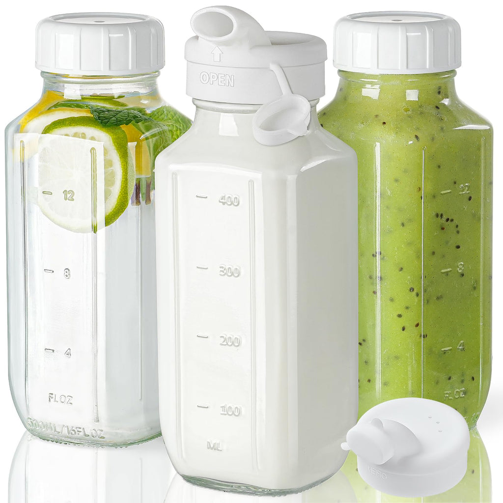 Syntic Glass Juice Bottles with Airtight Lids, 3 Pack Clear Glass Water Bottles with 2 Pour Spouts - 16 Oz Reusable Milk Jug w Scale Mark for Juicing Containers, Breast Milk Storage, Drinking Jar