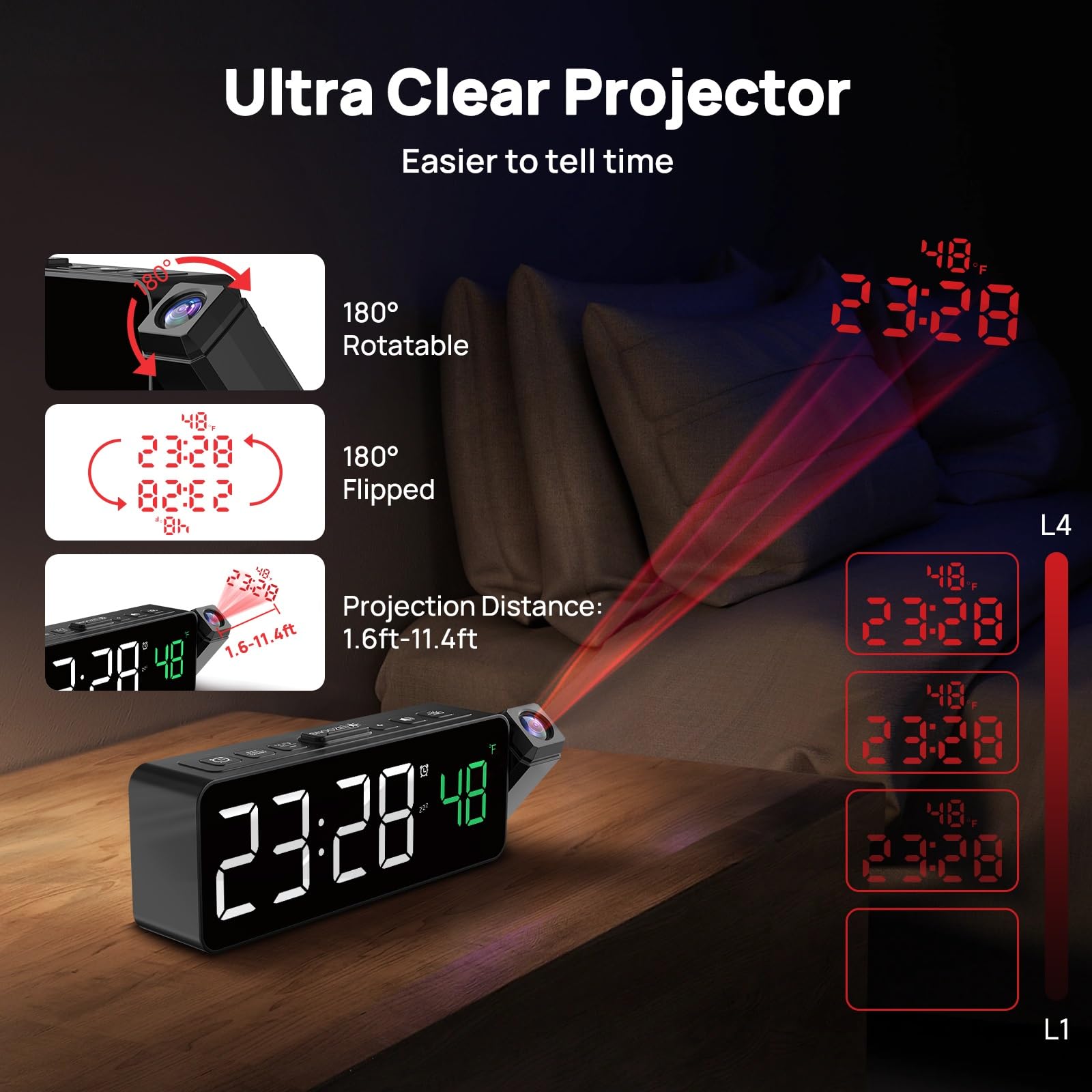 Netzu Projection Alarm Clock for Bedroom Ceiling, Compact Plug-in Digital Clocks with 180° Rotatable Projector, Temperature, 4 Levels Birghtness, 3 Volumes and Snooze (Black)