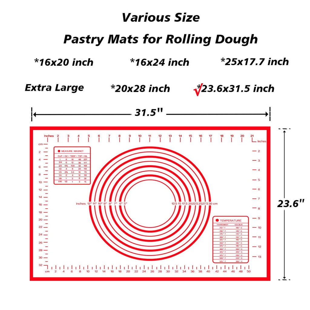 Extra Large Silicone Baking Mat with Measurements for Rolling Dough, Non Slip Pastry Mat Nonstick Oven Mats Various Size for Baking Pizza Bread Cakes (Red, 23.6x31.5 inch)