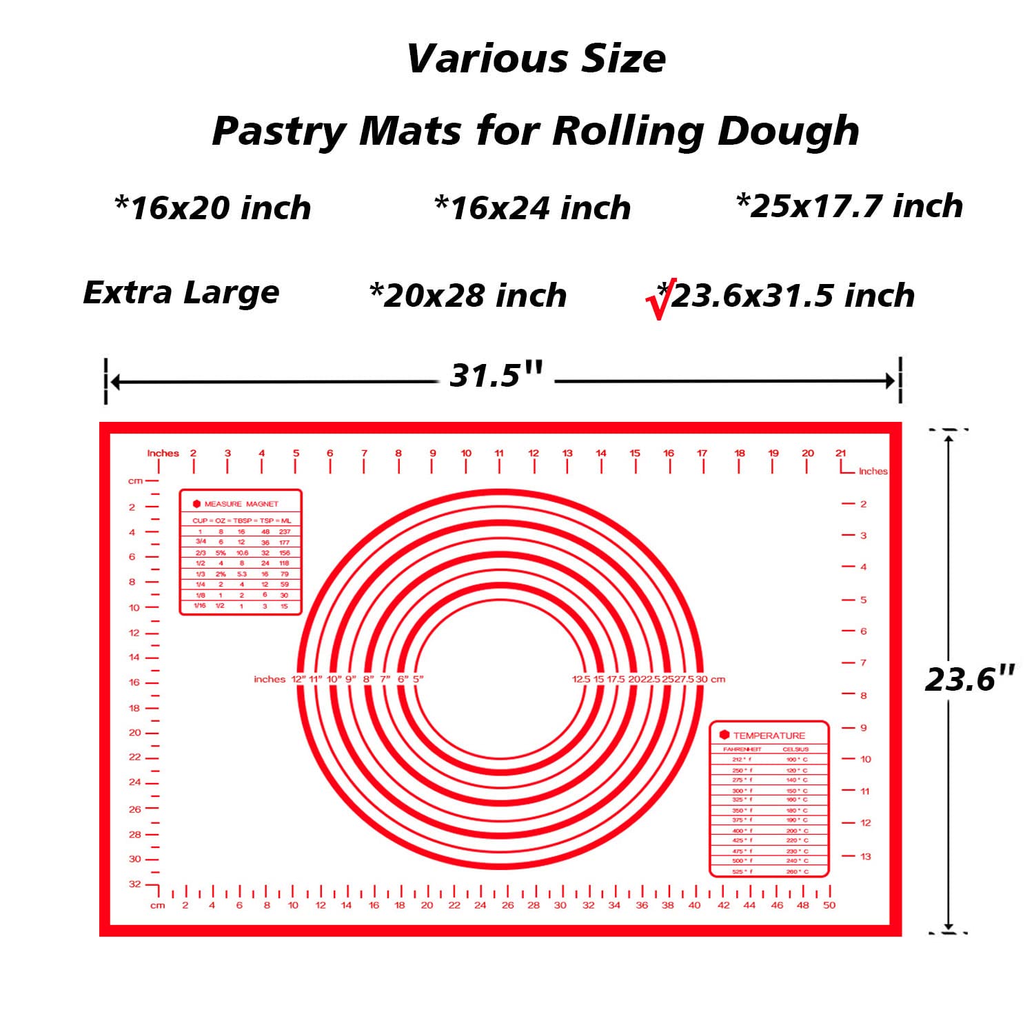 Extra Large Silicone Baking Mat with Measurements for Rolling Dough, Non Slip Pastry Mat Nonstick Oven Mats Various Size for Baking Pizza Bread Cakes (Red, 23.6x31.5 inch)