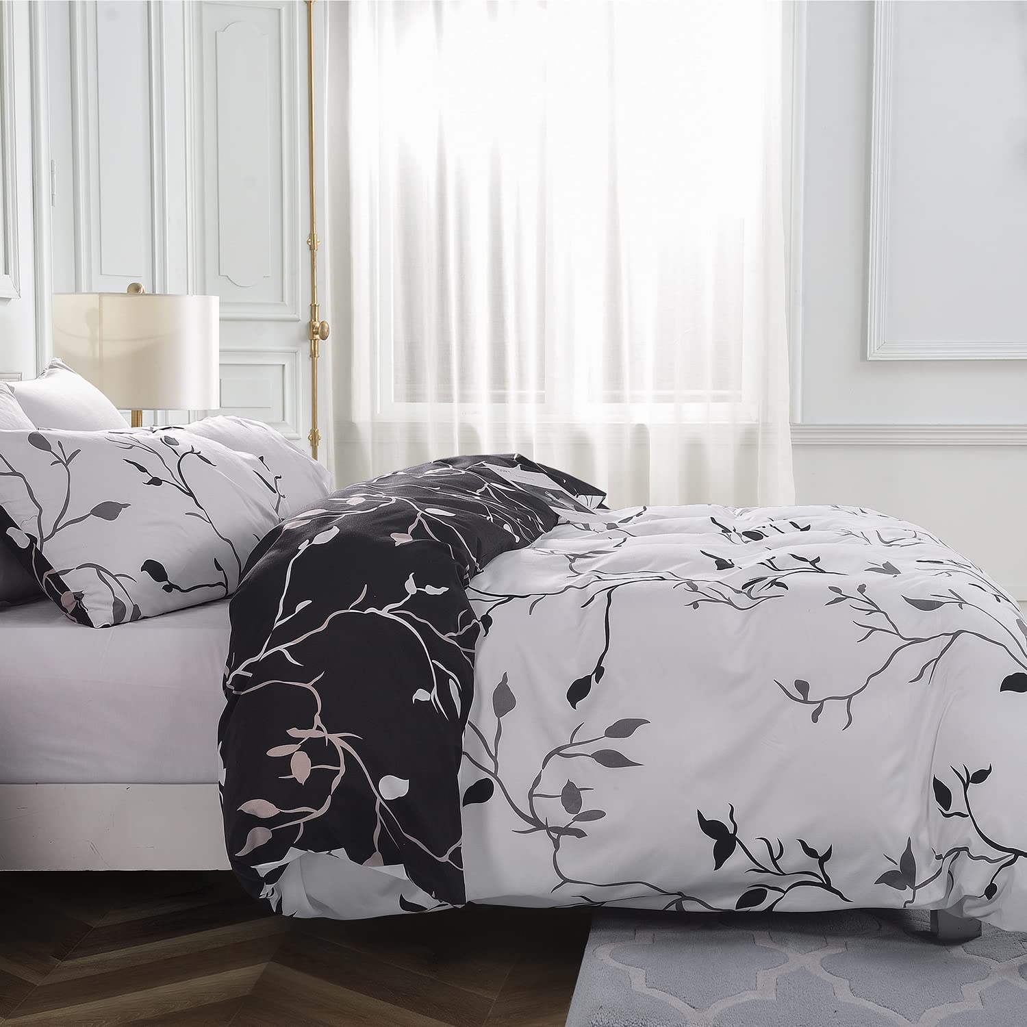 Conworld Reversible Duvet Cover Queen, White Black Tree Branch Pattern Queen Duvet Cover Set 3pc Soft Microfiber Breathable Botanical Bedding Sets with Zipper Ties
