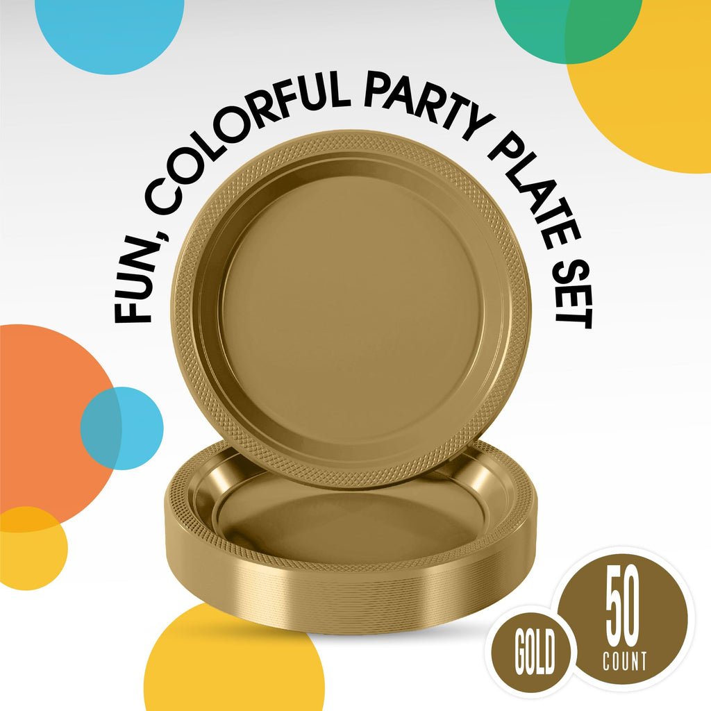 Exquisite Gold Plastic Plates for Party 7" Gold Disposable Plates for Party Supplies 50 Pcs Disposable Dinner Plate Heavy Duty 350 GSM Plate Sets, Plastic Dinnerware Sets