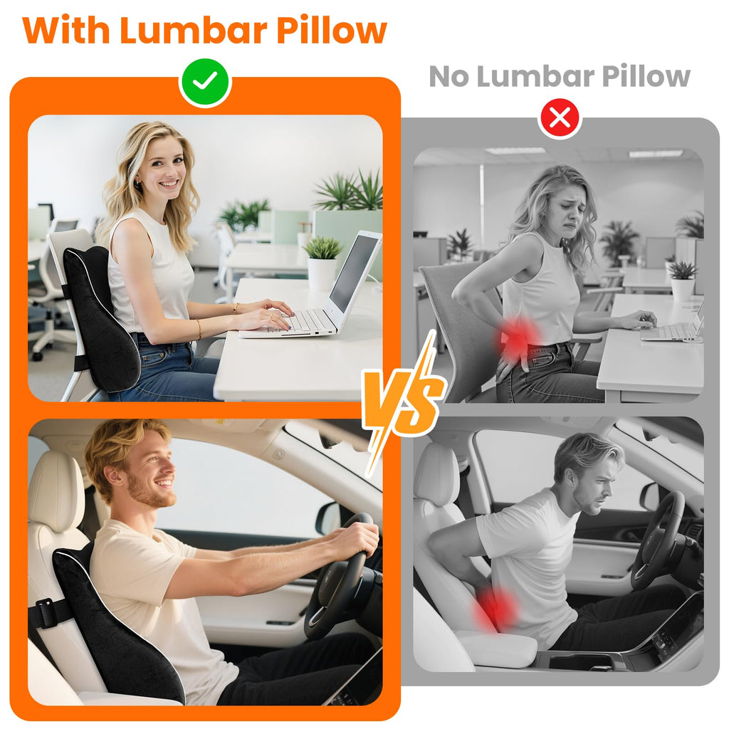 CloudBliss Ergonomic Lumbar Support Pillow – Memory Foam for Lower Back Pain Relief, Adjustable Straps & Mesh Cover for Office, Gaming, Car & Home Essentials (Black)