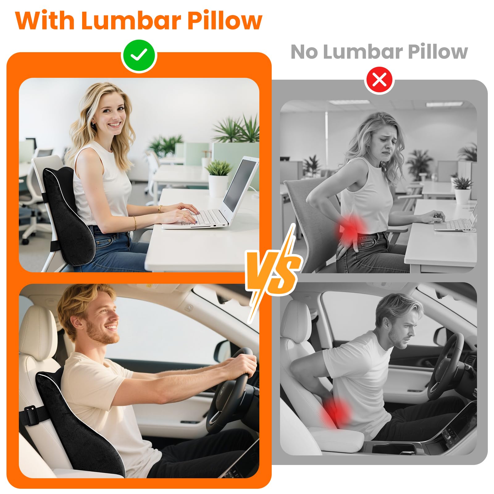 CloudBliss Ergonomic Lumbar Support Pillow – Memory Foam for Lower Back Pain Relief, Adjustable Straps & Mesh Cover for Office, Gaming, Car & Home Essentials (Black)