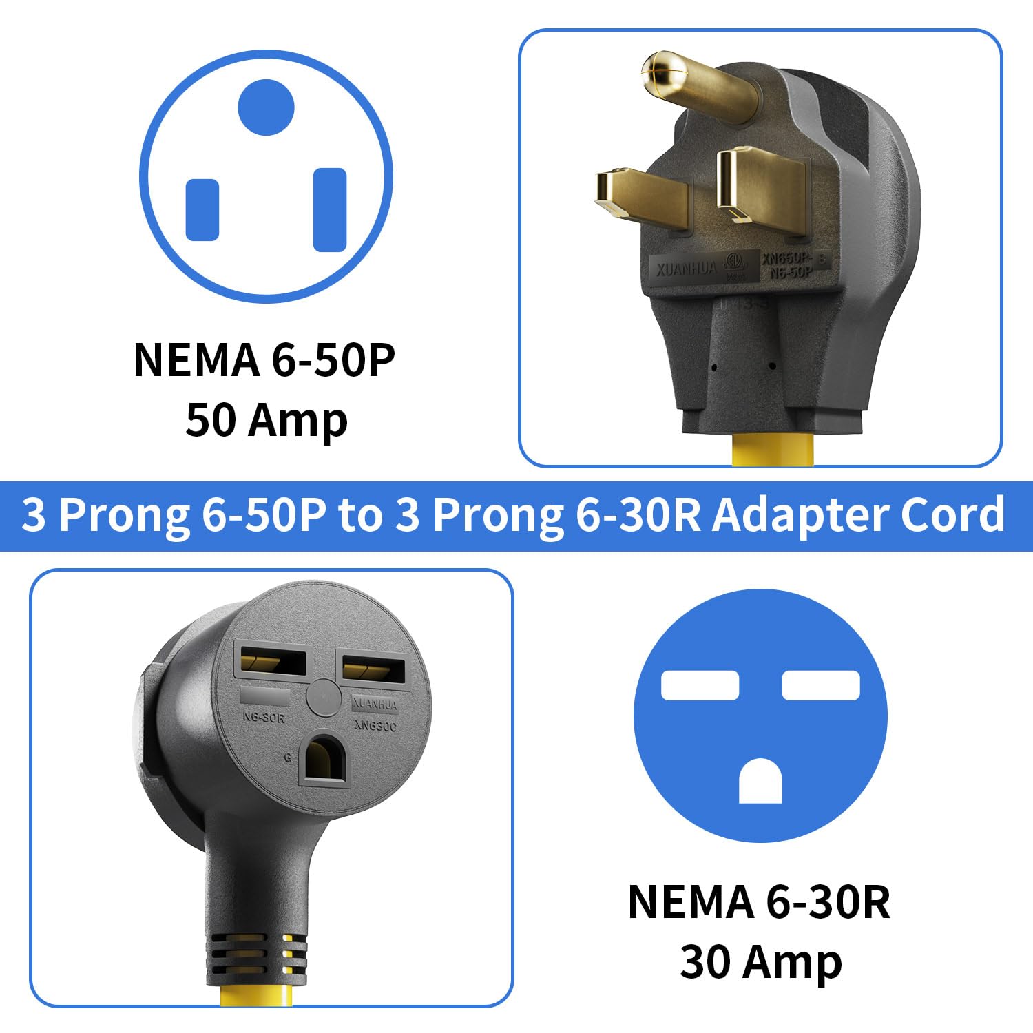 LudoPam Power Cord Adapter, 1 Feet, NEMA 6-50P to 6-30R, 50A to 30A Generator Welder Dryer Converter, Yellow
