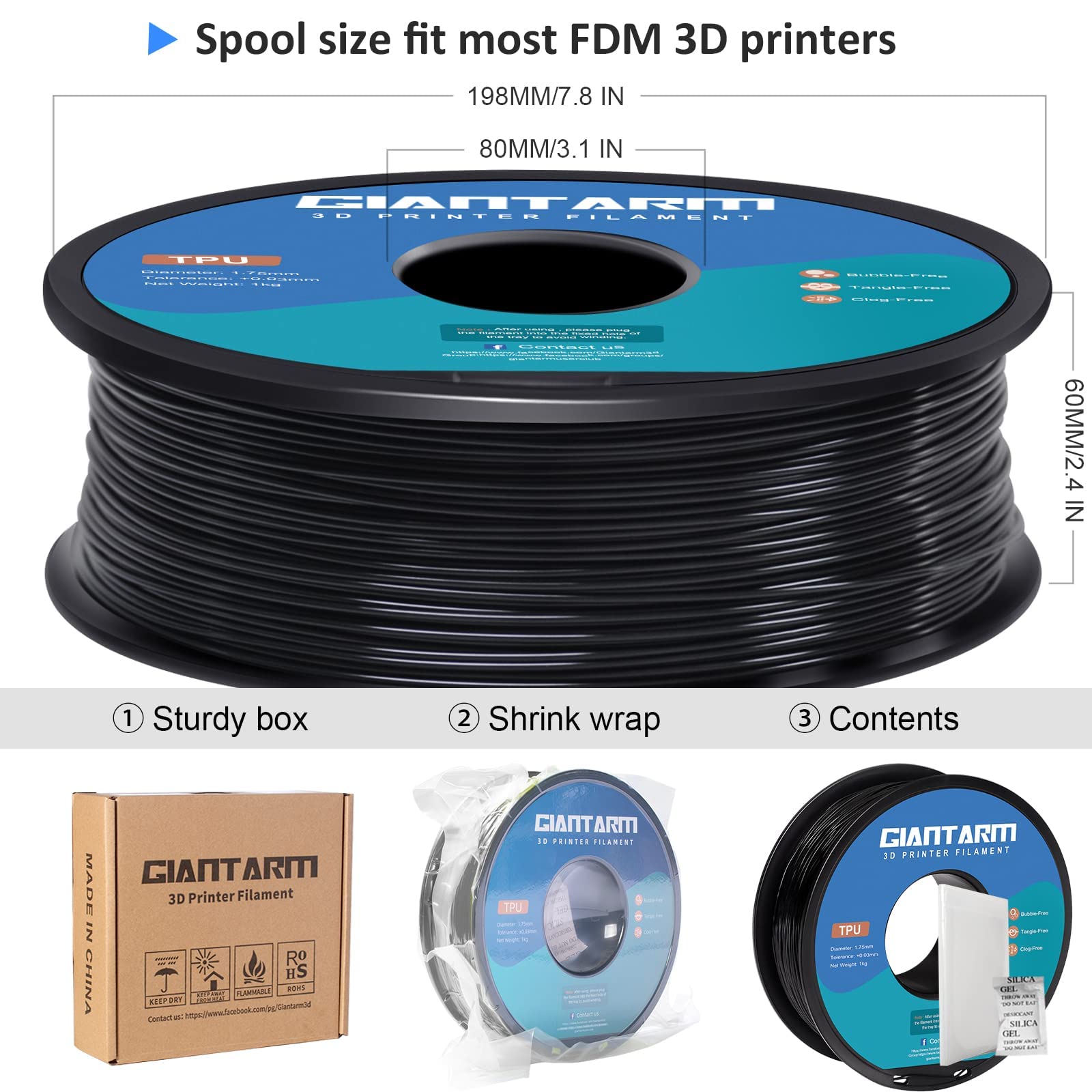 GIANTARM TPU 3D Printer Filament Black, Soft Flexible Filament 95A, Dimensional Accuracy +/-0.05mm, 1KG (2.2LBS), 1.75mm Fit for All 3D Printers, Vacuum Packaging