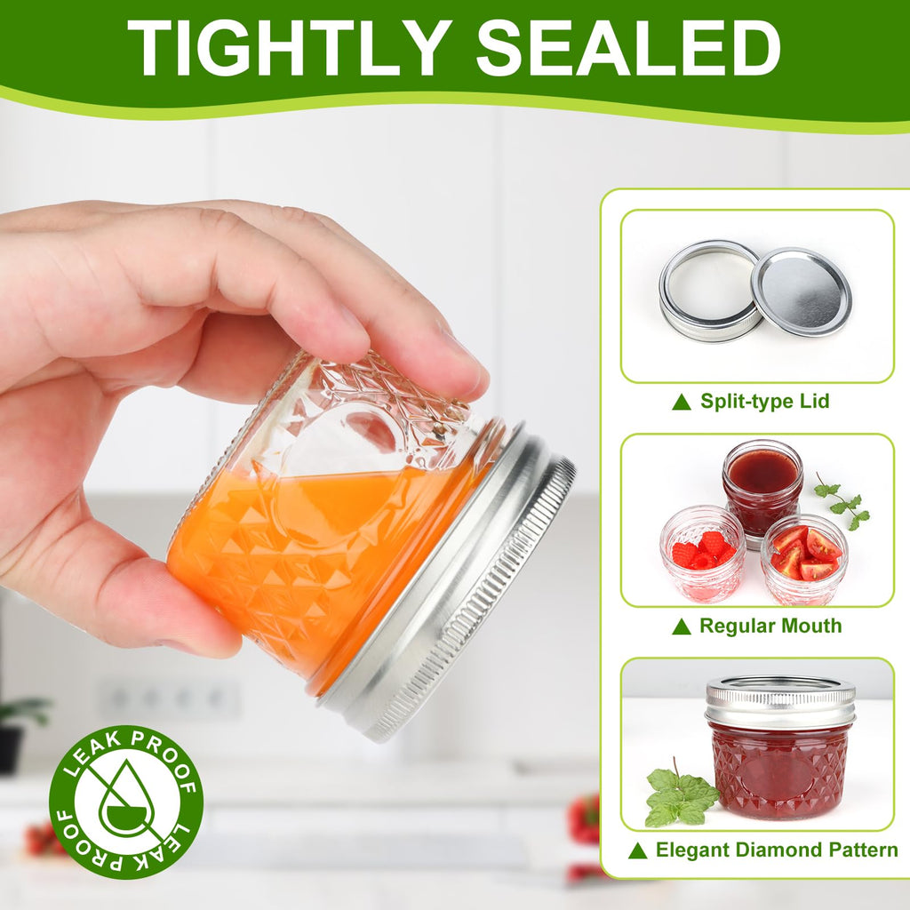 GUANENA 24 Pack 4 oz Mason Jars, Small Canning Jars with Regular Lids and Bands, Mini Glass Jars for Jam, Jelly, Honey, Spice, Wedding Favors, DIY Projects