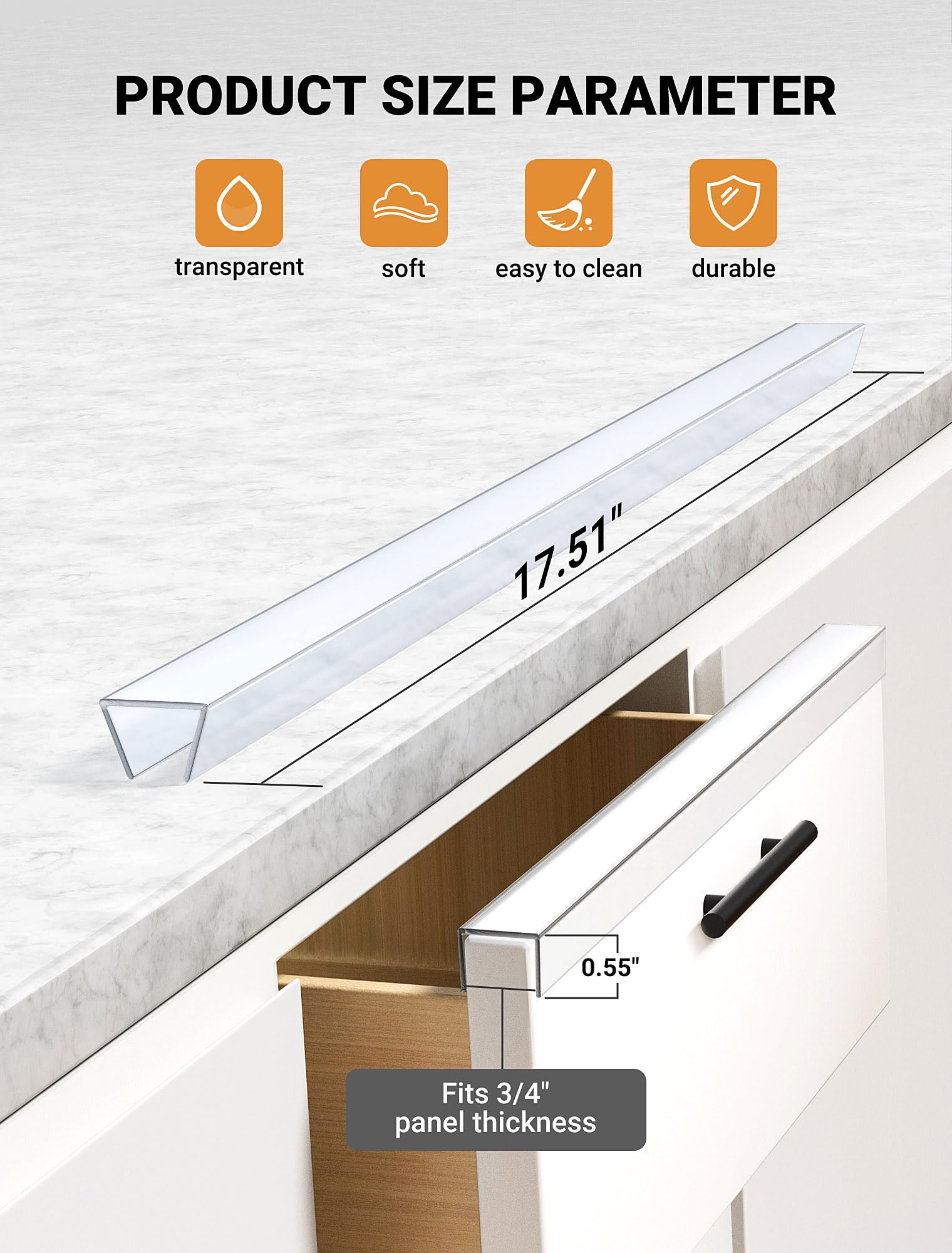 SARDVISA 17.5" Soft Cabinet Door Protector, Transparent Trimable PVC Edge Guard, Snugly Fit Slip On Bumper for Kitchen Cabinets, Prevents Wear, Chipping & Discoloration, 3/4" Thick, 4 Packs